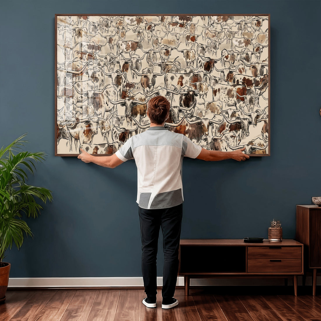 Abstract Longhorn Wall Art Canvas Print, Farm Animal Drawing, Mid-Century Cabin Decor