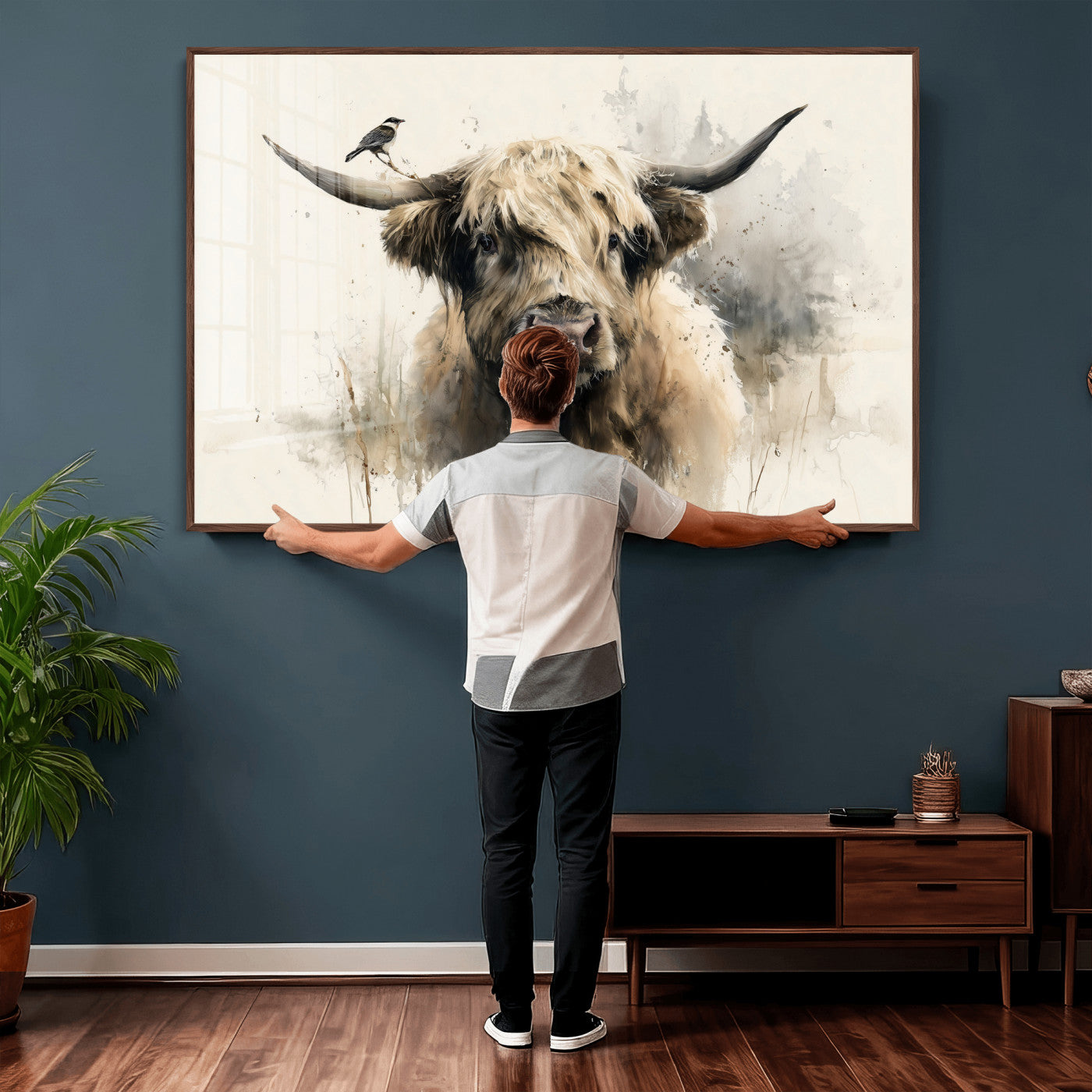 98249290-MGV-CV-36X24 - Abstract Highland Cow Watercolor Animal Wall Art Canvas Print, Rustic Farm Cattle Portrait Canvas Print, Neutral Wildlife Farmhouse Art Printing