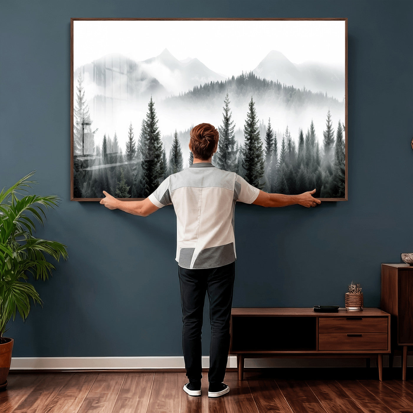 38819032-MGV-CV-36X24 - Misty Pine Forest Mountain Landscape Wall Art Canvas Print, Foggy Evergreen Trees Minimal Nature Canvas Print, Monochrome Wilderness Scenic Art Printing