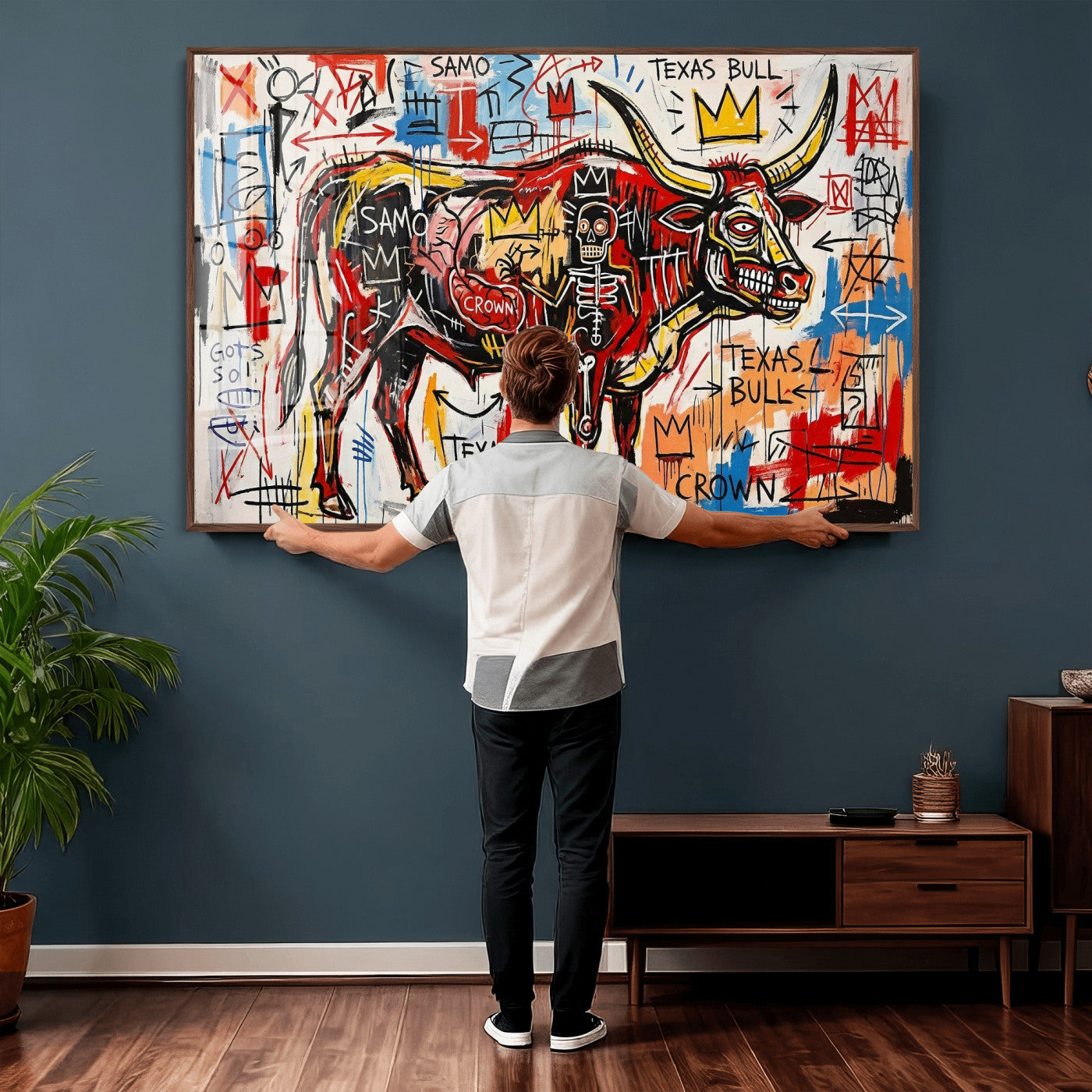 89504579-MGV-CV-36X24 - TITLE: Texas Bull Wall Art Canvas Print, Abstract Graffiti Bull Painting, Western Animal Art, Modern Ranch Decor