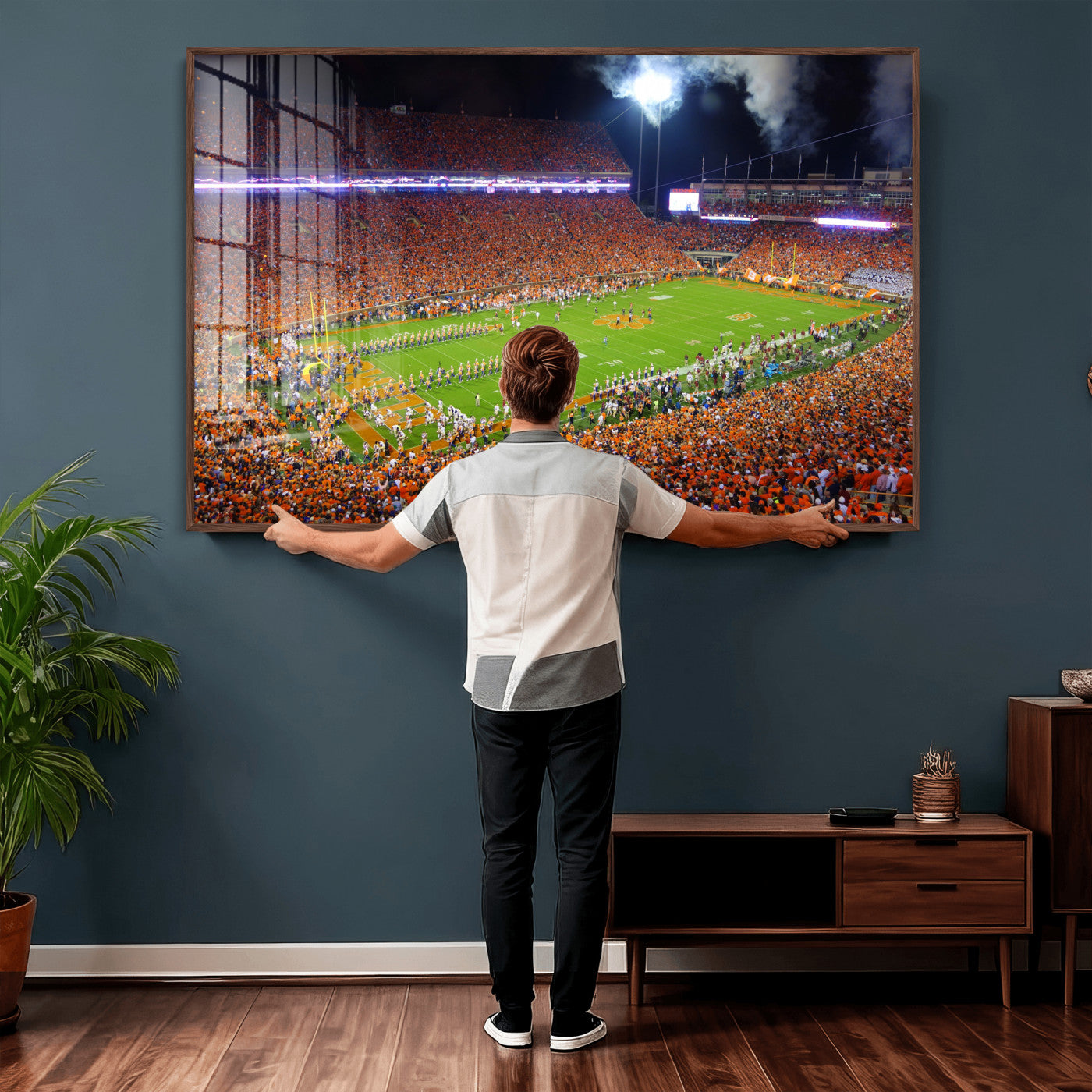 43662631-MGV-CV-36X24 - Clemson Football Stadium Wall Art Canvas Print, College Football Crowd Night Game Scene, Orange Stadium Panorama Wall Decor