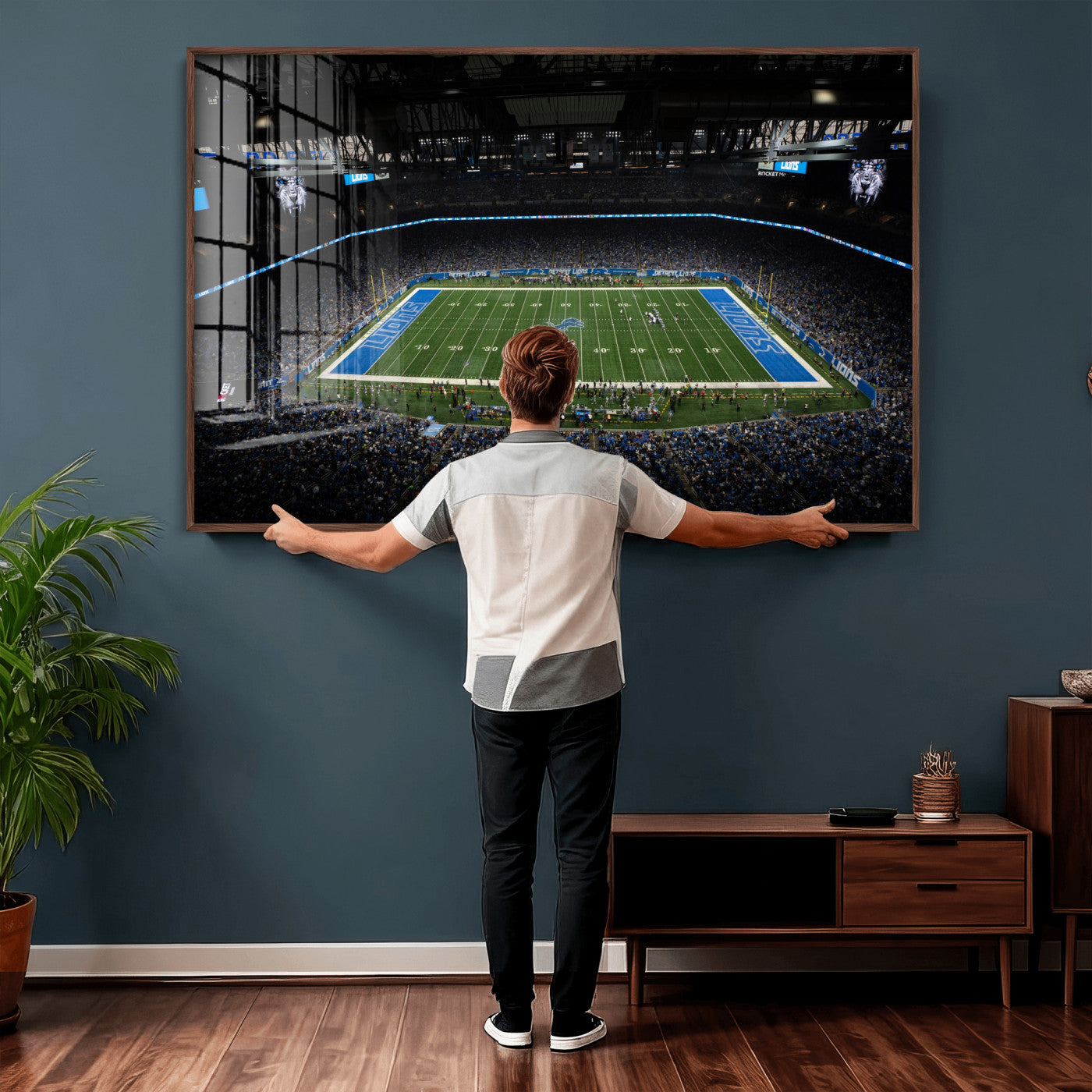 16709602-MGV-CV-36X24 - Detroit Lions Stadium Wall Art Canvas Print, Football Field Panorama Artwork, NFL Game Night Stadium Decor