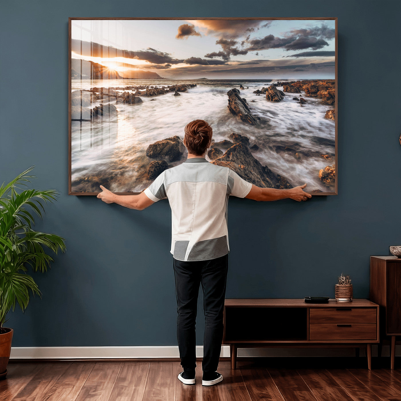 66746024-MGV-CV-36X24 - Rocky Coast Ocean Sunset Wall Art Canvas Print, Dramatic Seascape Nature Wall Decor for Living Room and Office