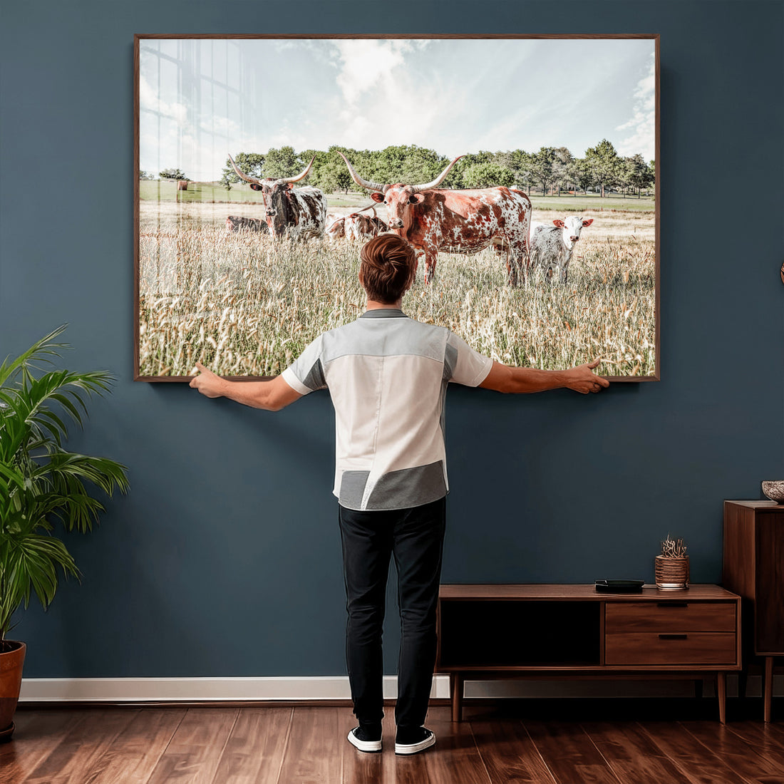 Texas Longhorn Cattle Wall Art Canvas Print, Western Ranch Landscape Decor