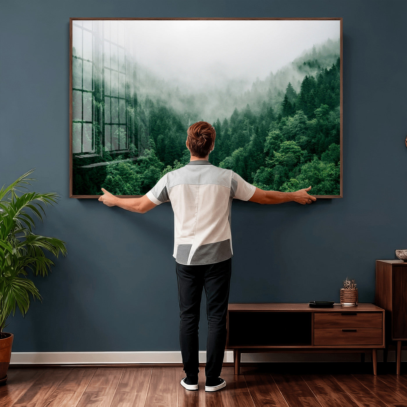 61640815-MGV-CV-36X24 - Misty Pine Forest Wall Art Canvas Print, Foggy Evergreen Landscape Wall Decor, Moody Green Nature Artwork, Minimal Forest Canvas Wall Art, Framed Canvas Wall Art Ready to Hang