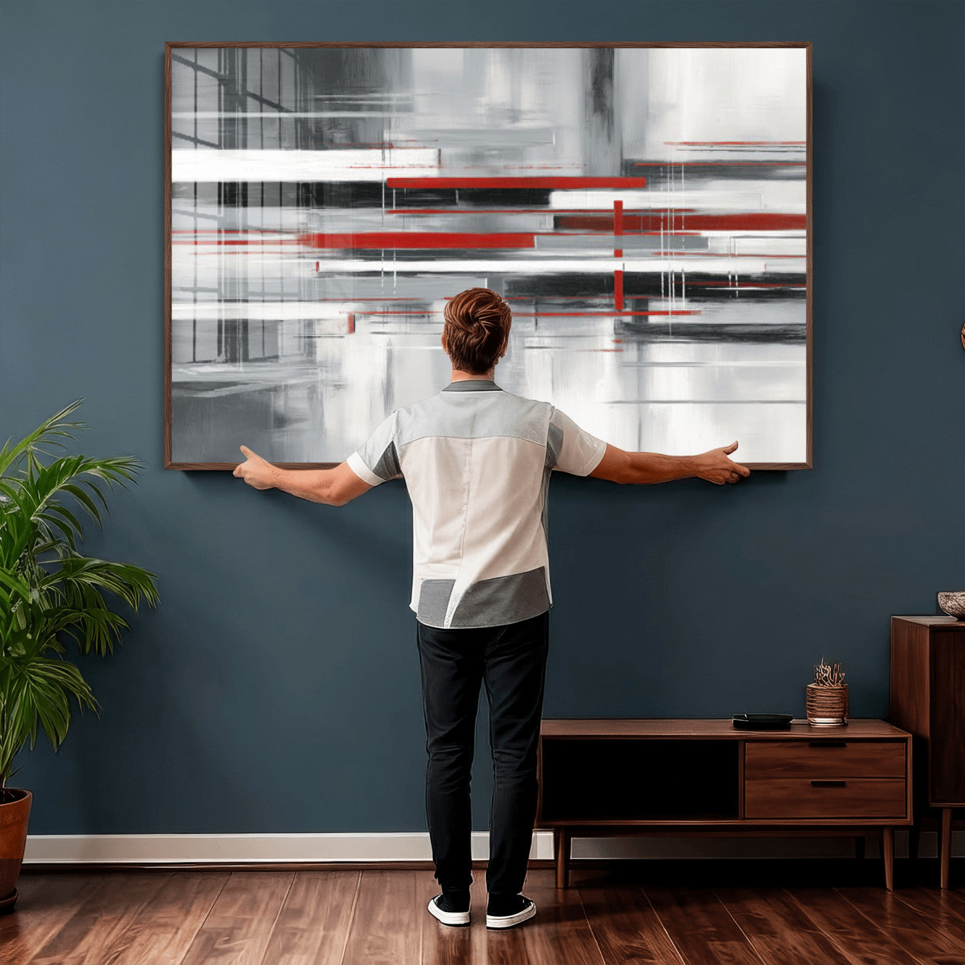 62640681-MGV-CV-36X24 - Gray Red Abstract Wall Art Canvas Print, Modern Abstract Canvas Wall Decor for Contemporary Living Room and Office