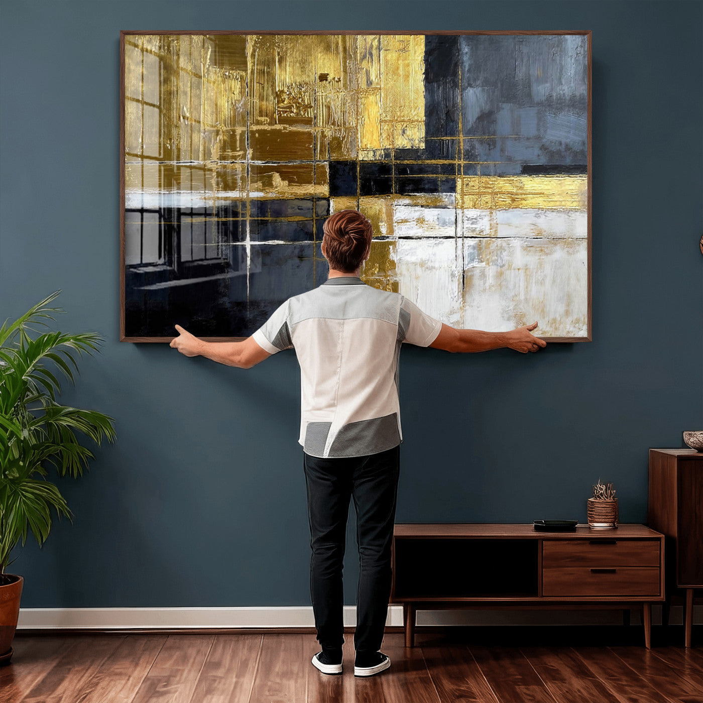 76917030-MGV-CV-36X24 - Gold Navy Abstract Wall Art Canvas Print, Modern Luxury Geometric Painting Wall Decor for Living Room and Office