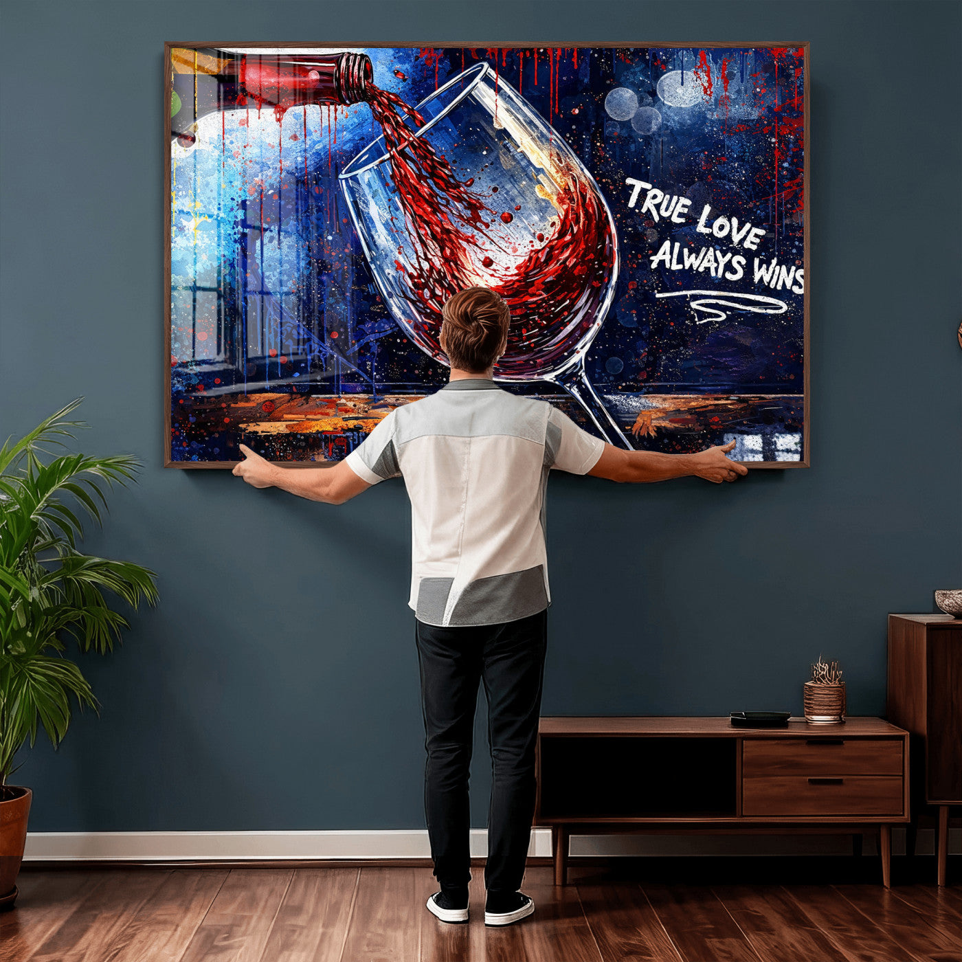 88788932-MGV-CV-36X24 - Red Wine Splash Abstract Wall Art Canvas Print, Modern Wine Glass Painting Canvas Print, Romantic Quote Contemporary Bar Art Print