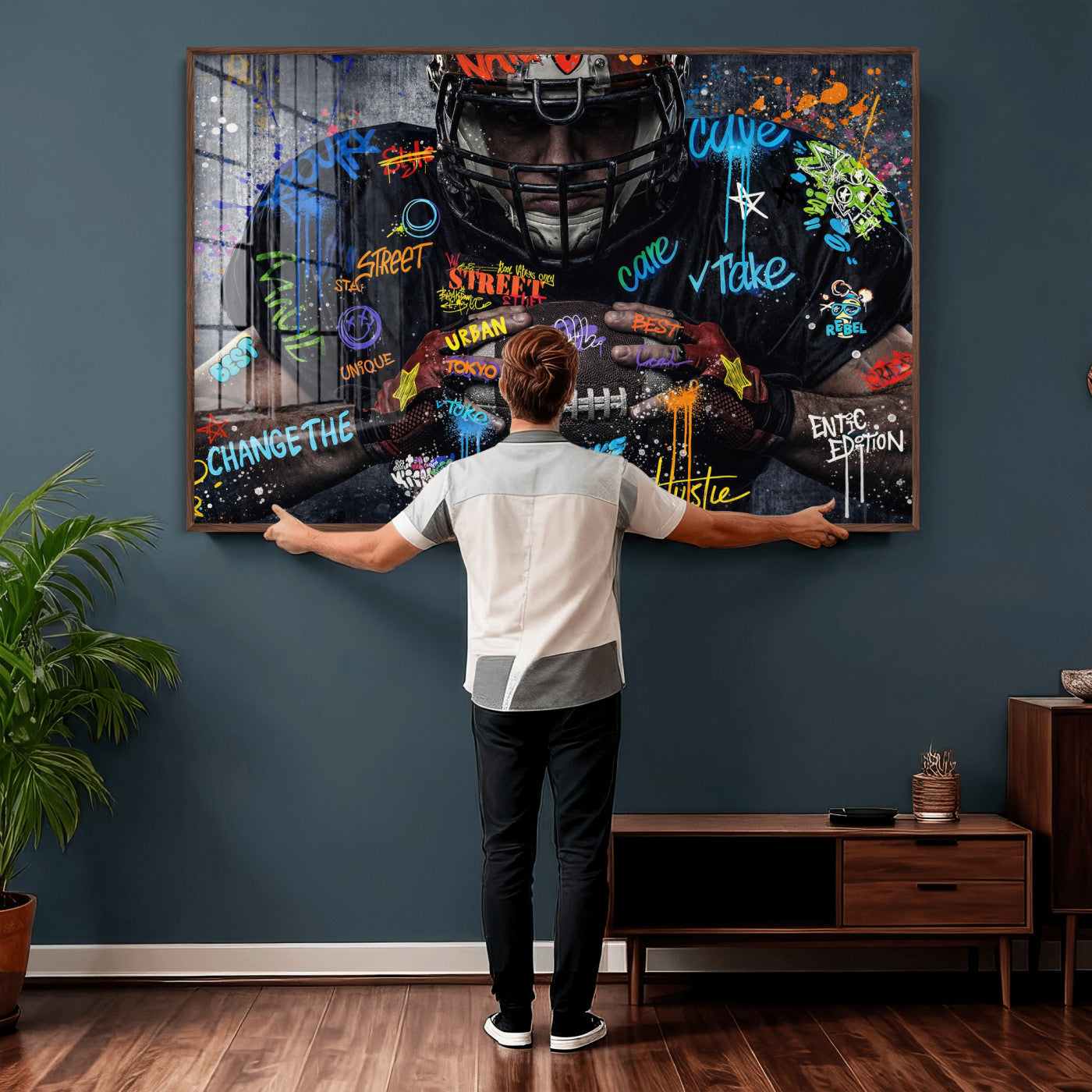 55267256-MGV-CV-36X24 - Graffiti American Football Player Street Art Wall Art Canvas Print, Urban Sports Pop Art Football Canvas Print, Modern Athletic Graffiti Contemporary Art Printing