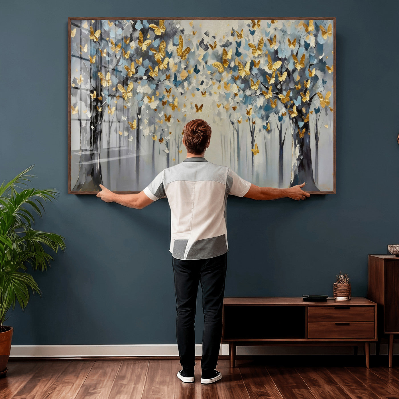 79208191-MGV-CV-36X24 - Golden Butterfly Tree Abstract Wall Art Canvas Print, Modern Elegant Nature Painting Canvas Print, Blue Gold Contemporary Floral Art Printing