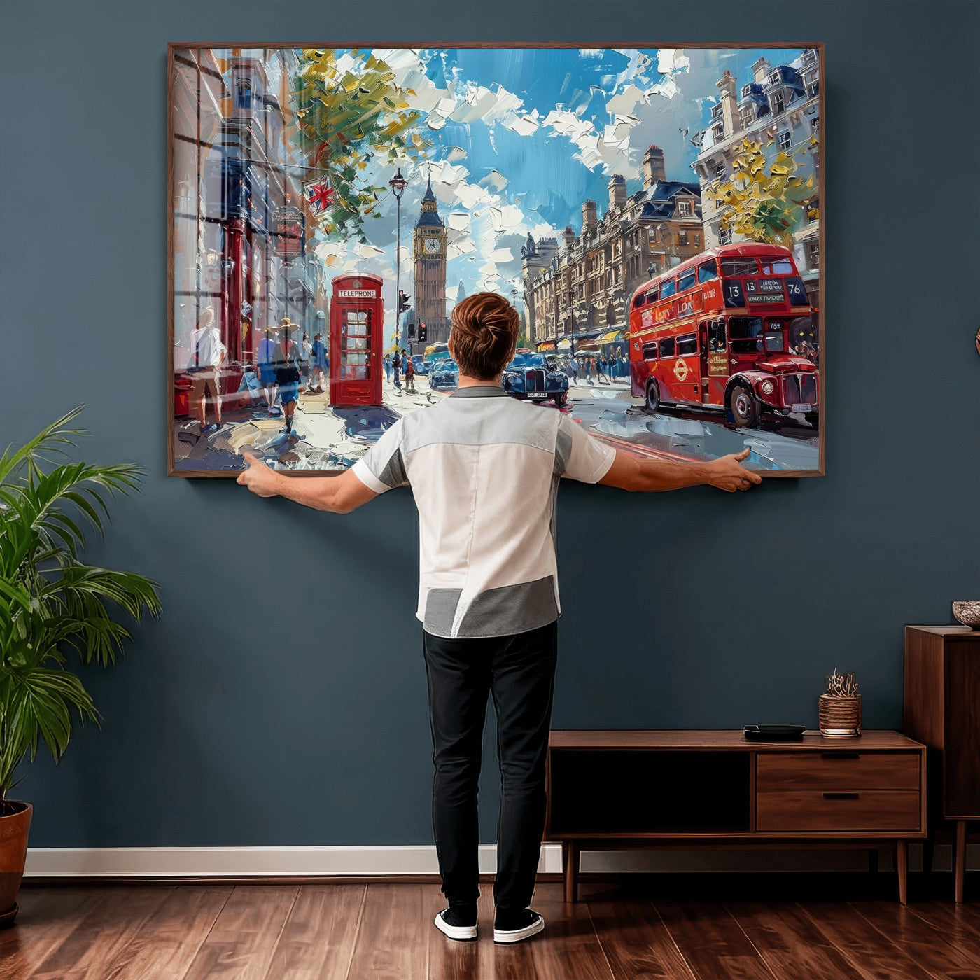 17630888-MGV-CV-36X24 - Modern London City Street Wall Art Canvas Print, Big Ben & Red Bus Artwork Canvas Print
