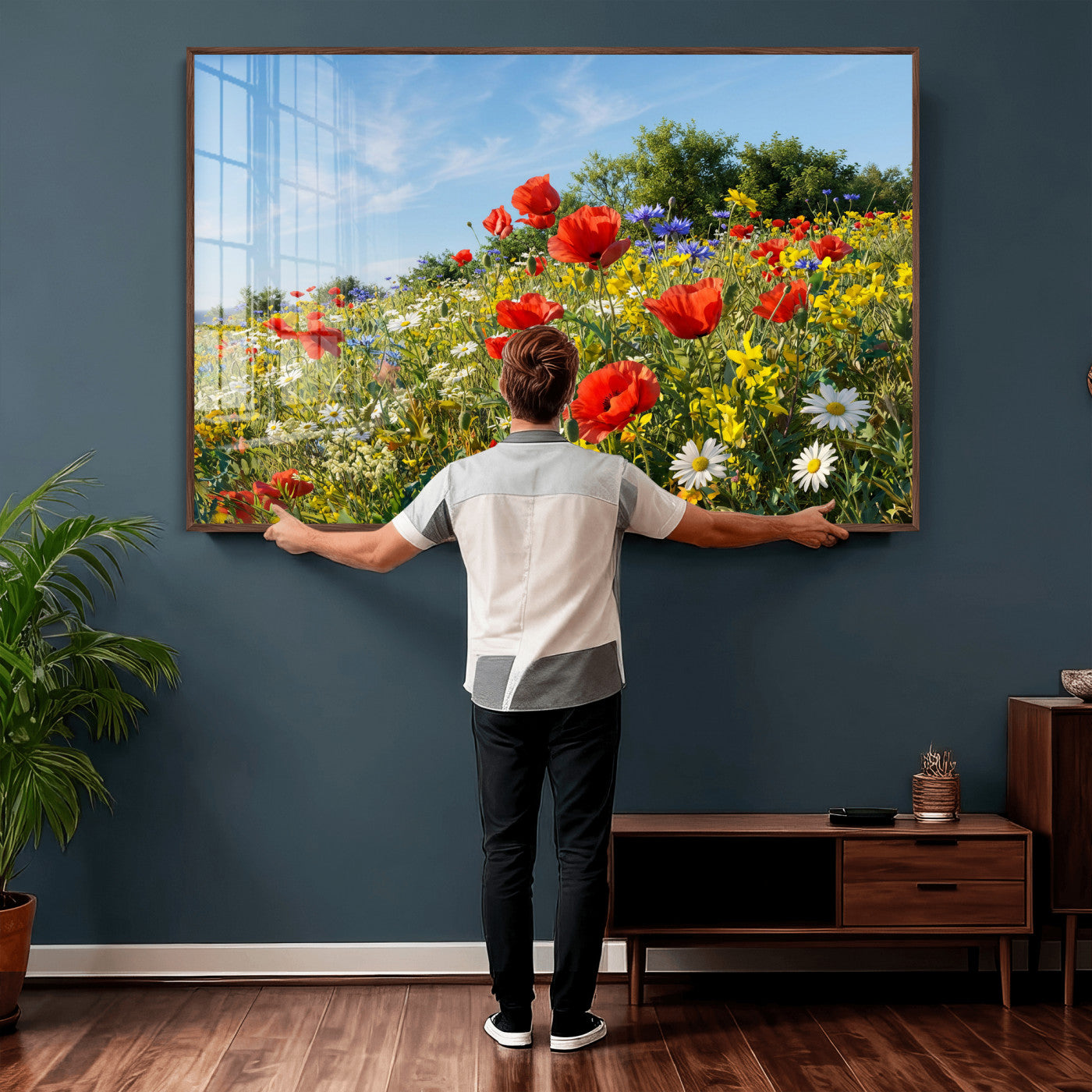 38570784-MGV-CV-36X24 - Wildflower Meadow Wall Art Canvas Print – Colorful Poppy and Daisy Field Landscape Artwork for Living Room Decor
