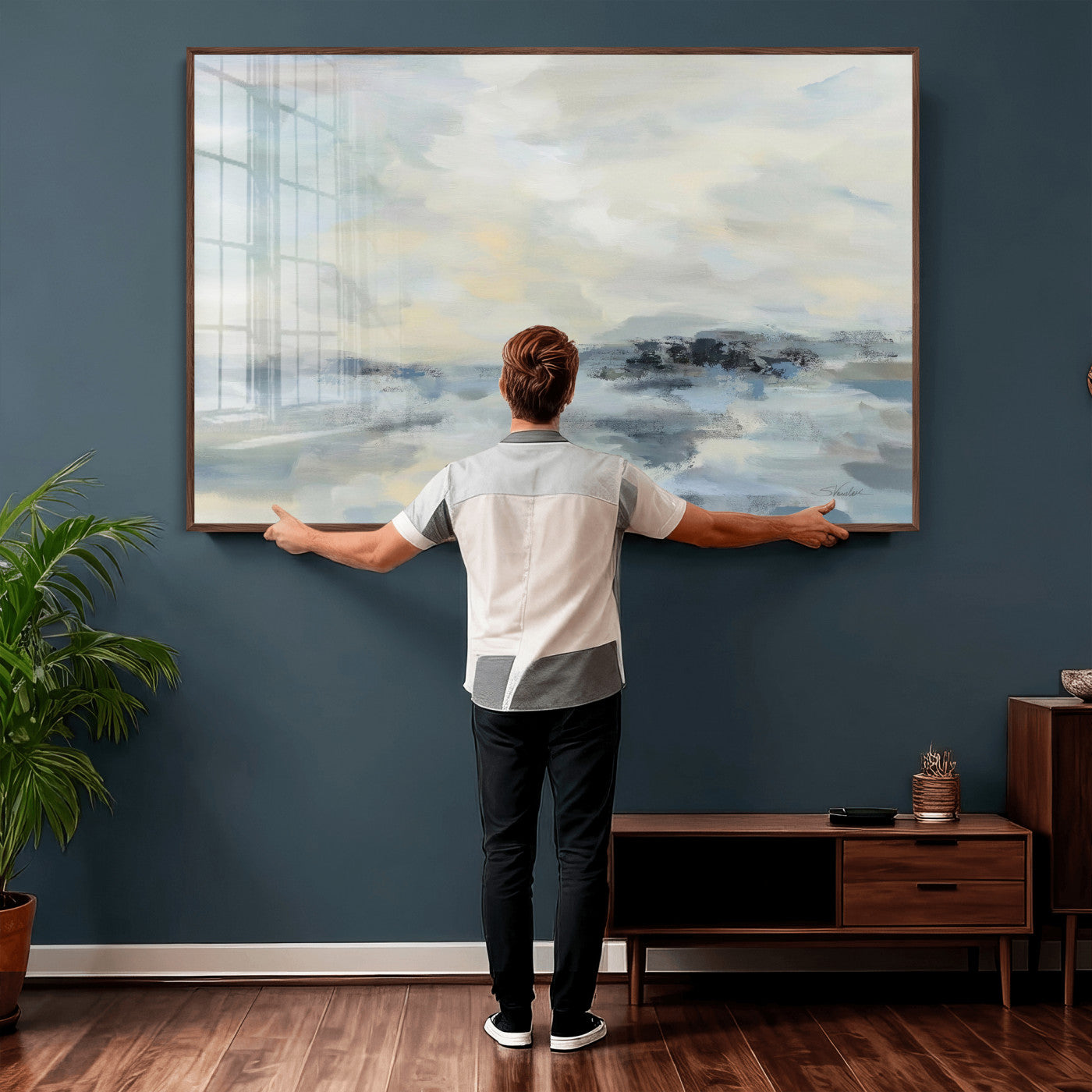 24647355-MGV-CV-36X24 - Abstract Coastal Landscape Wall Art Canvas Print – Soft Blue Gray Minimalist Painting