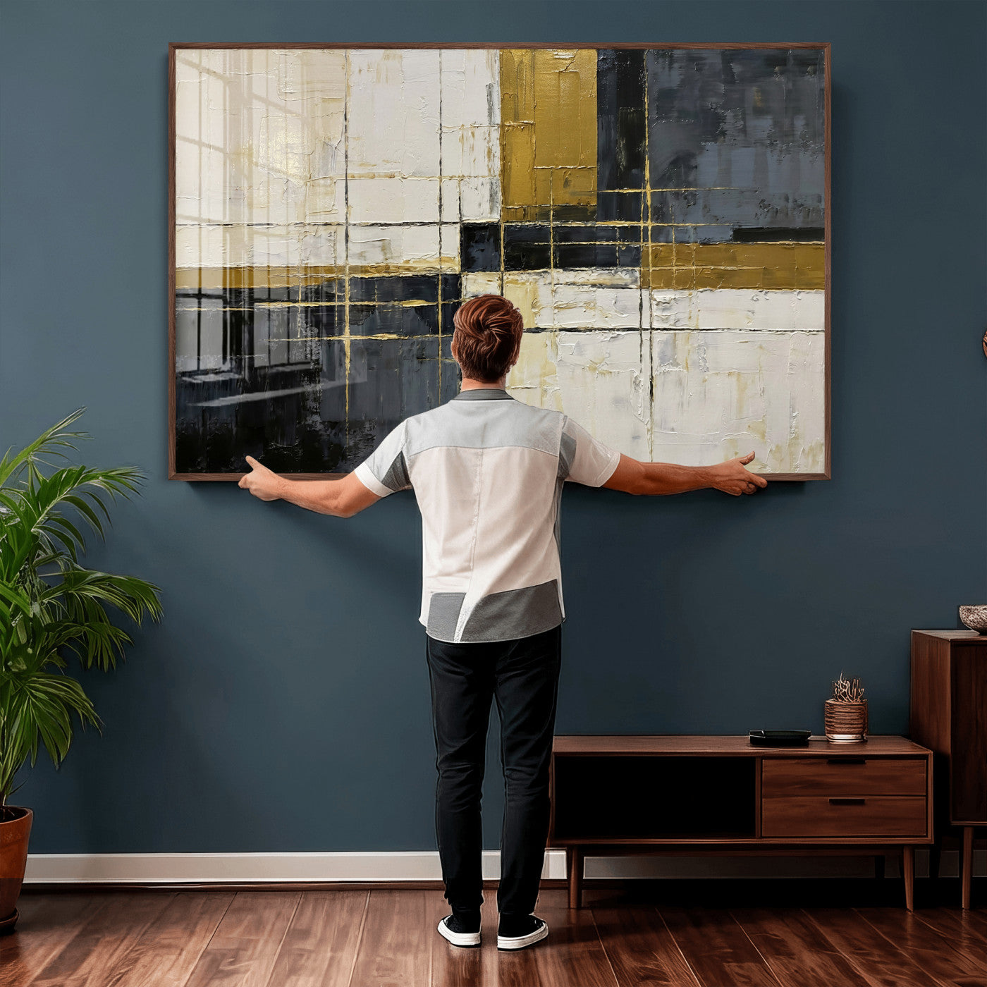 36097945-MGV-CV-36X24 - Abstract Gold and Black Wall Art Canvas Print – Modern Geometric Neutral Artwork for Living Room Decor