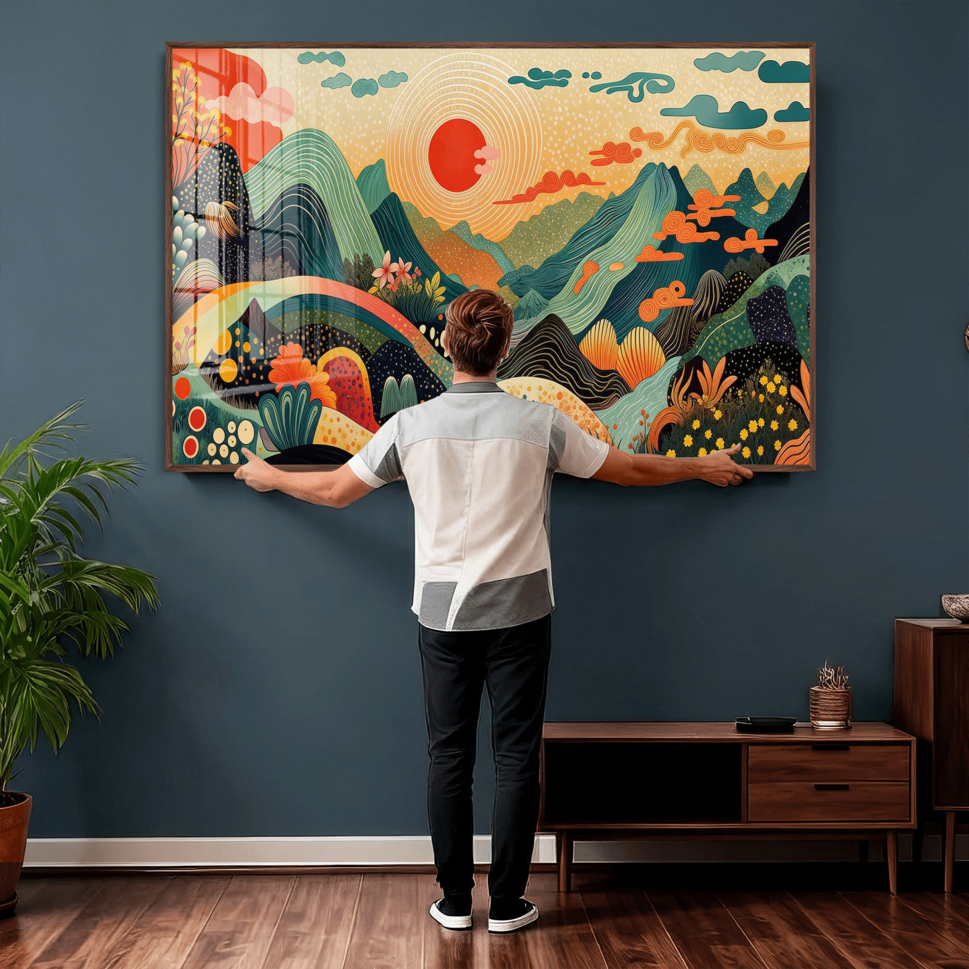 29927191-MGV-CV-36X24 - Yayoi Kusama Boho Mountain Landscape Large Wall Art, Horizontal Gold Framed Canvas Print with Sun and Flowers