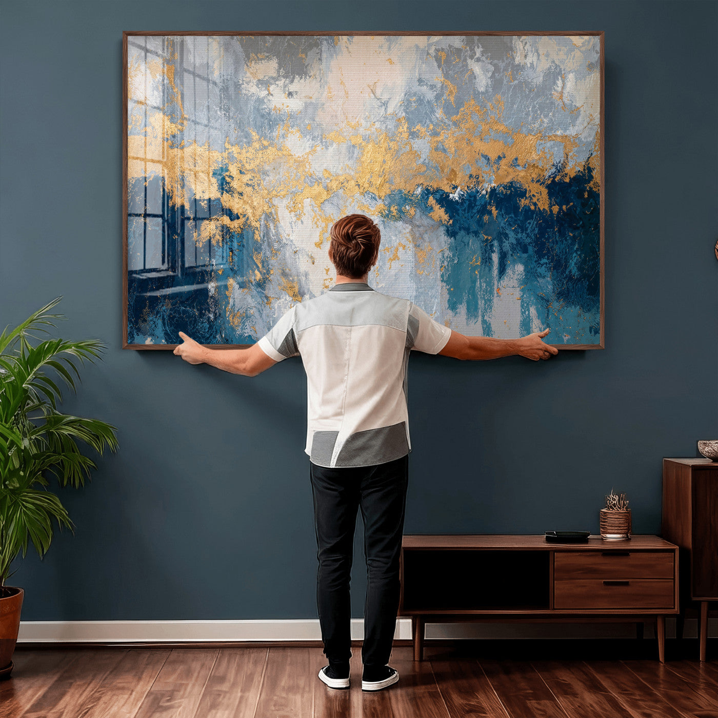 65386119-MGV-CV-36X24 - Blue Gold Abstract Large Framed Canvas Wall Art, Modern Luxury Painting Print in Horizontal Oversized Minimal Wall Decor Artwork