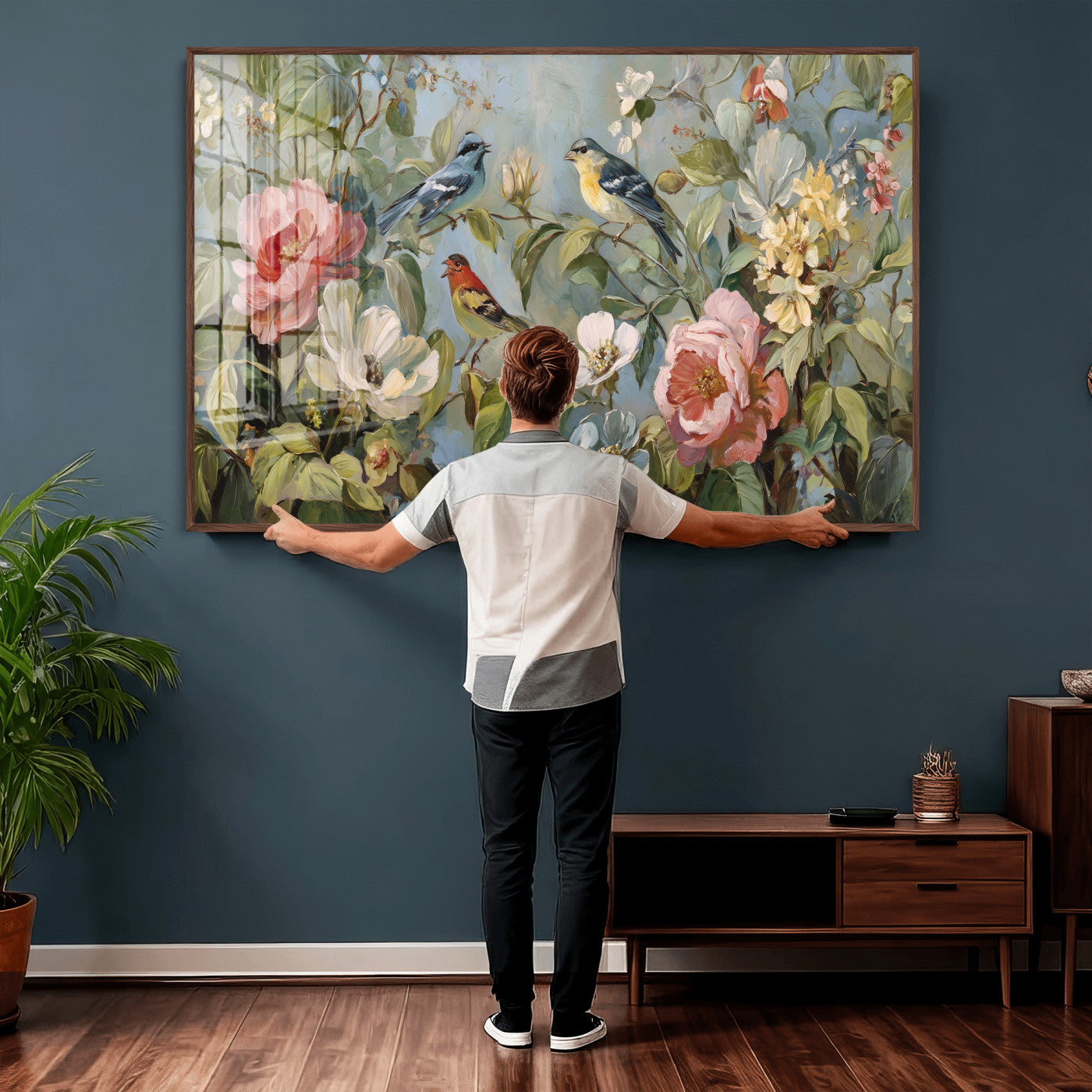 55440837-MGV-CV-36X24 - Vintage Birds and Flowers Wall Art Canvas Print, Botanical Bird Painting Canvas Print, Floral Garden Bird Artwork Canvas Print, Classic Bird Flower Painting Canvas Print