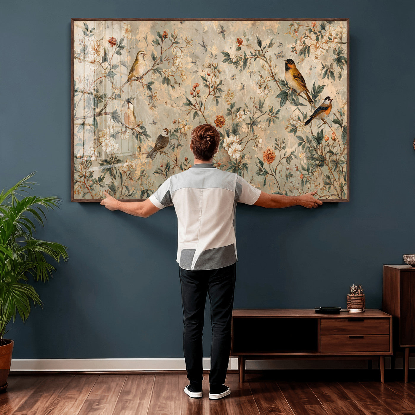 76588438-MGV-CV-36X24 - Vintage Birds and Flowers Wall Art Canvas Print, Botanical Bird Painting Canvas Print, Floral Garden Bird Artwork Canvas Print, Classic Bird Flower Painting Canvas Print