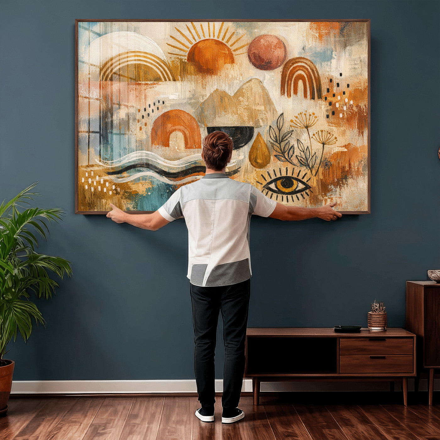 52155239-MGV-CV-36X24 - Geometric Boho Abstract Wall Art Canvas Print, Orange Blue Abstract Expressionist Painting Print, Modern Geometric Abstract Canvas Art