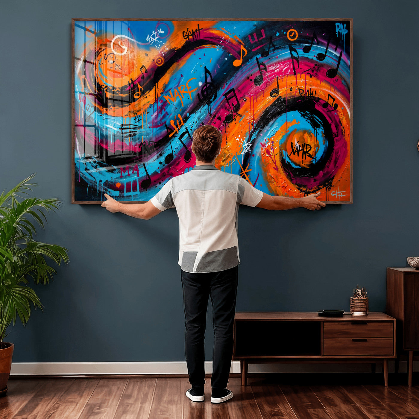 34936518-MGV-CV-36X24 - Geometric Abstract Wall Art Canvas Print, Orange Blue Abstract Expressionist Painting Print, Modern Geometric Abstract Canvas Art