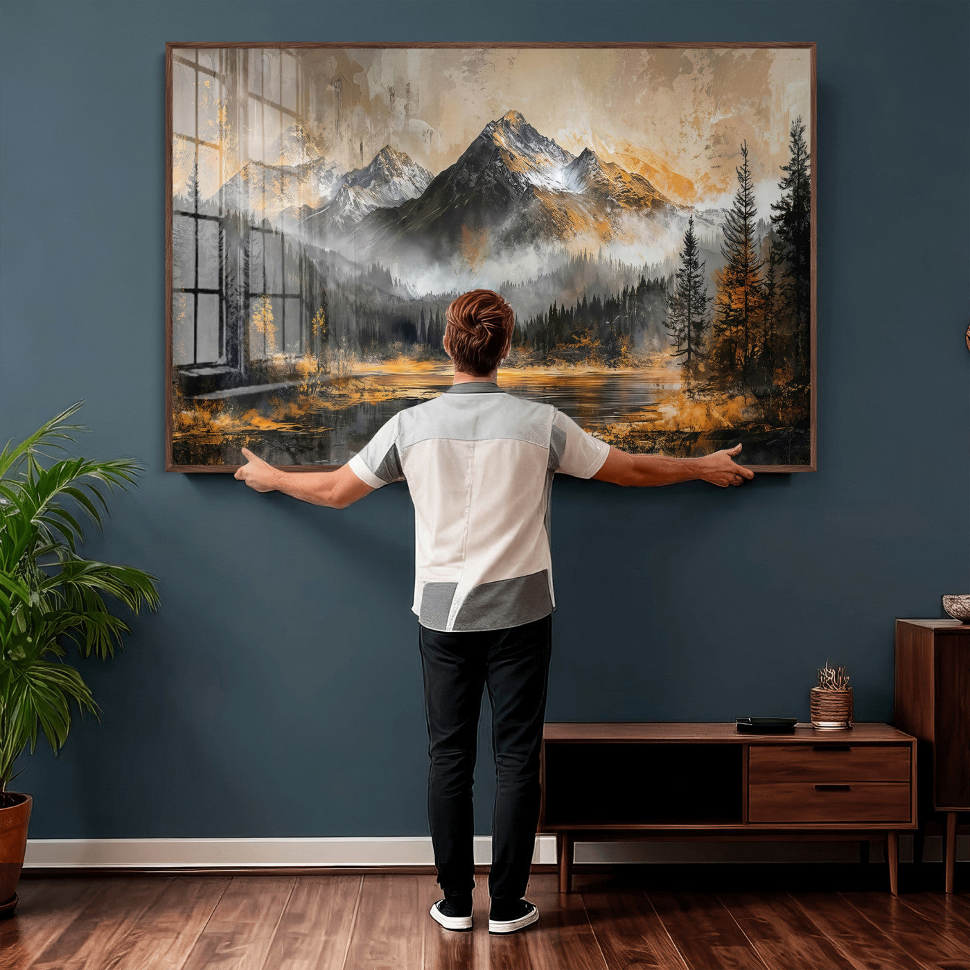 4712069D1-MGV-CV-36X24 - Mountain Lake Canvas Wall Art — Rustic Forest Landscape Print | Gold Grey Nature Decor | Cabin Wall Art | Large Wilderness Art Print Gift