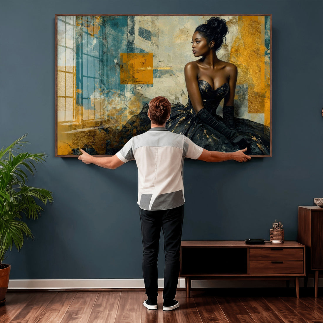 Elegant Woman Canvas Wall Art | Black Gold Gown Fashion Print