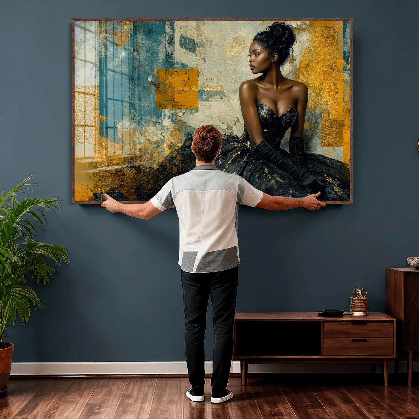 4712069Z21-MGV-CV-36X24 - Elegant Woman Canvas Wall Art — Black Gold Gown Fashion Print | Luxury Glam Wall Decor | African American Art | Bold Bedroom Wall Art Gift