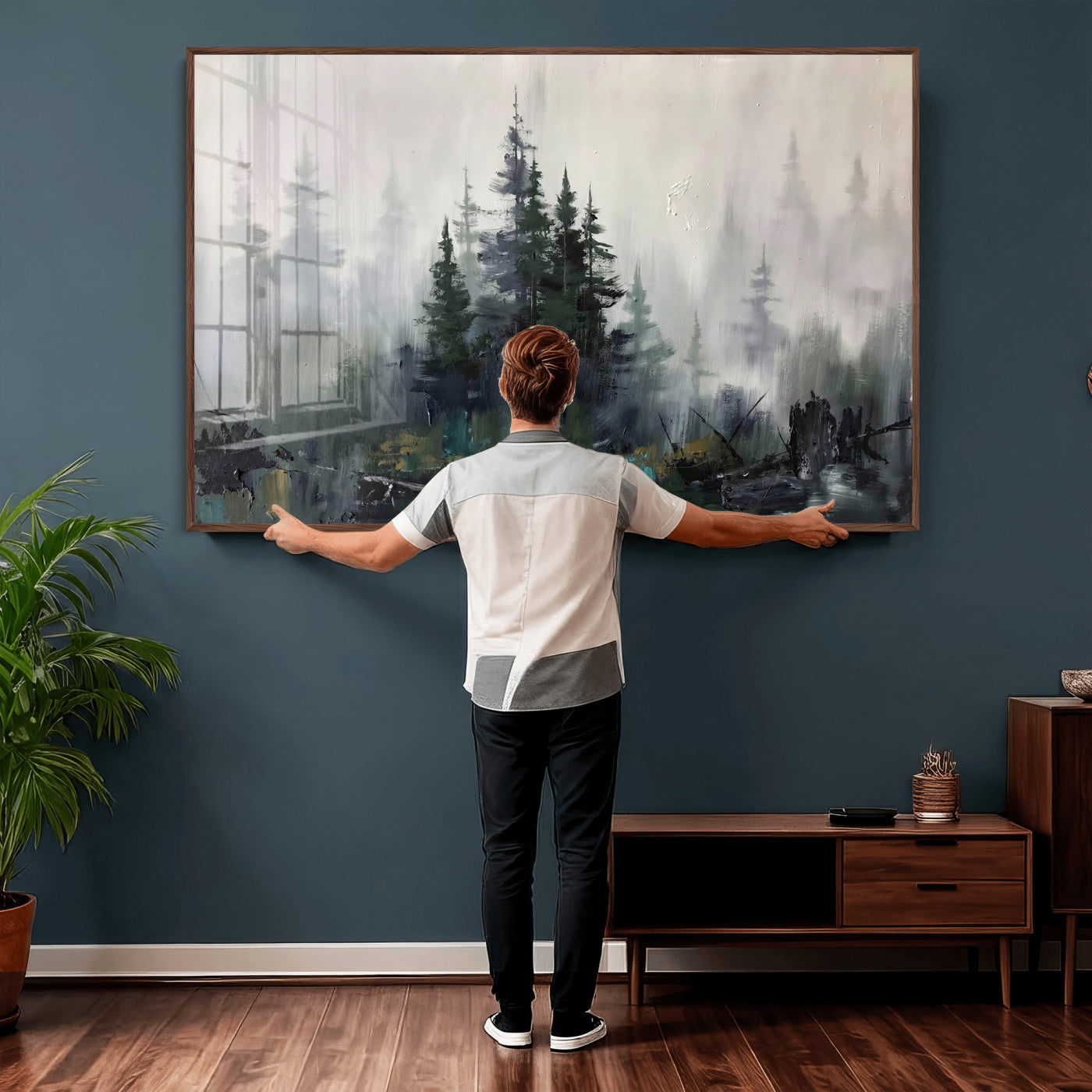 94143325-MGV-CV-36X24 - Misty Pine Forest Oil Painting Canvas — Dark Moody Teal Grey Tree Print | Japandi Scandinavian Wall Art | Minimalist Nature Decor Gift
