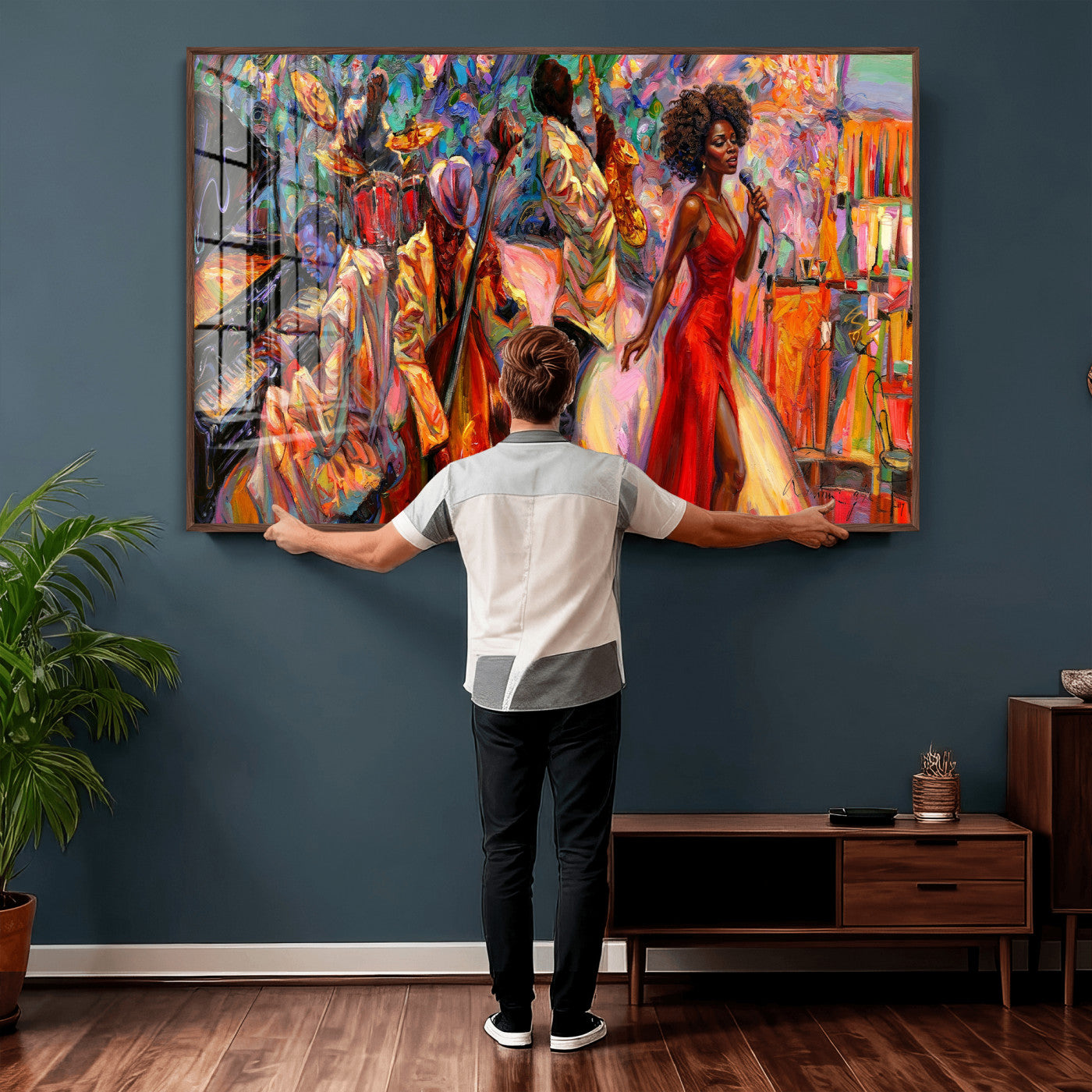 72615137-MGV-CV-36X24 - African American Jazz Singer Canvas Art - Red Dress Black Woman Music Print | Colorful Jazz Band Wall Decor | Living Room Gift for Her
