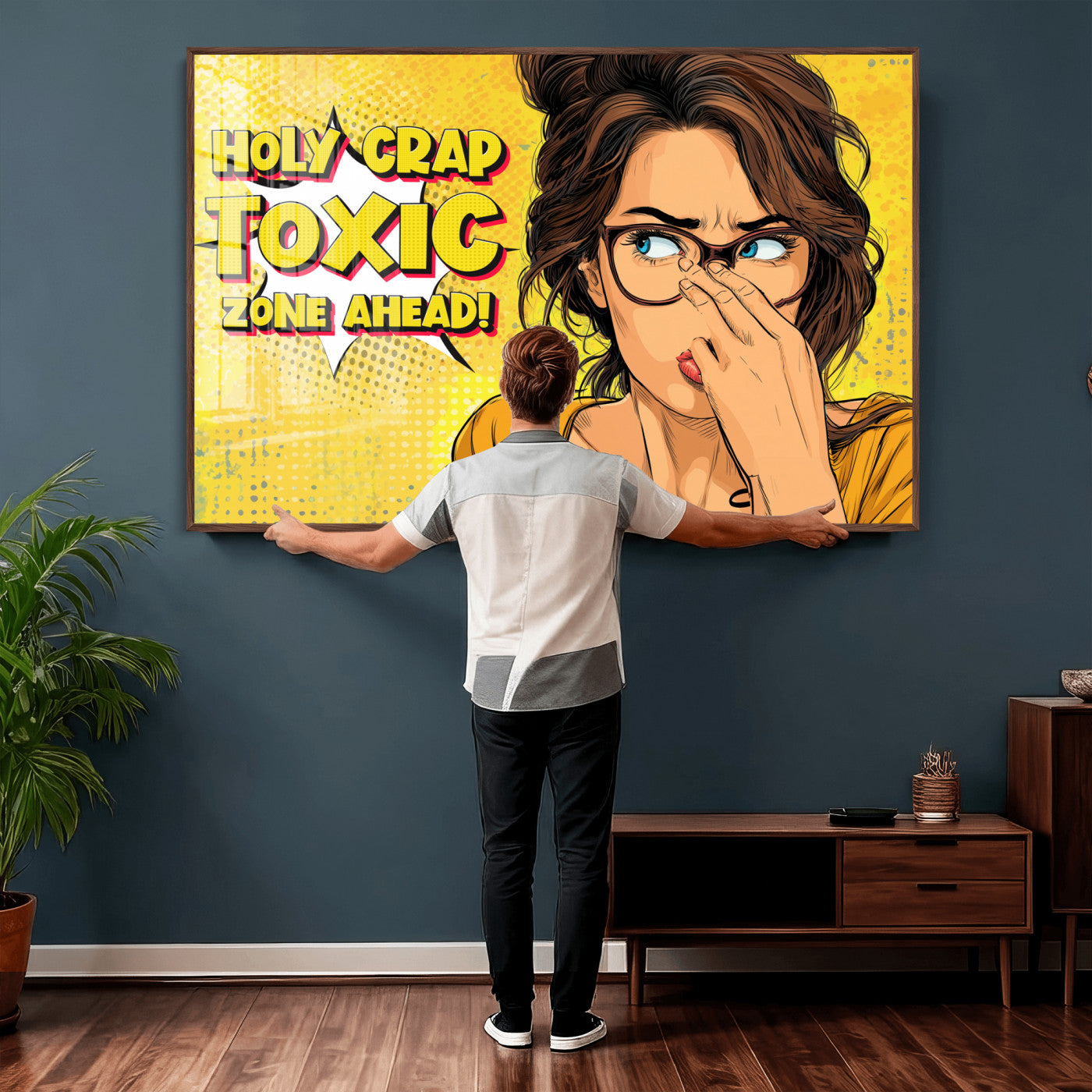 96263876-MGV-CV-36X24 - Pop Art Print Bathroom Sign Wall Art Canvas Print — Funny Bathroom Canvas | Comic Style Toilet Wall Decor | Humor Gift | Yellow Bold Bathroom Art