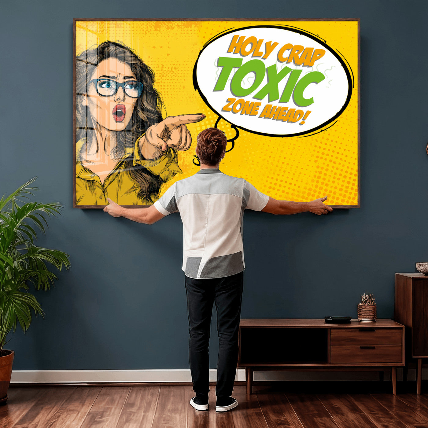 79156505-MGV-CV-36X24 - Pop Art Print Bathroom Sign Wall Art Canvas Print — Funny Bathroom Canvas | Comic Style Toilet Wall Decor | Humor Gift | Yellow Bold Bathroom Art