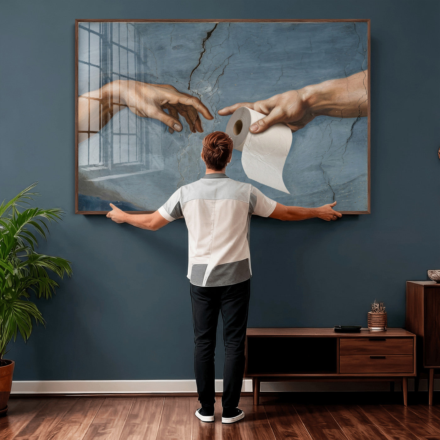 42648143-MGV-CV-36X24 - Funny Bathroom Canvas Wall Art, Michelangelo Creation of Adam Toilet Paper Parody, Renaissance Humor Print, Quirky Housewarming Gift, Toilet Room Decor