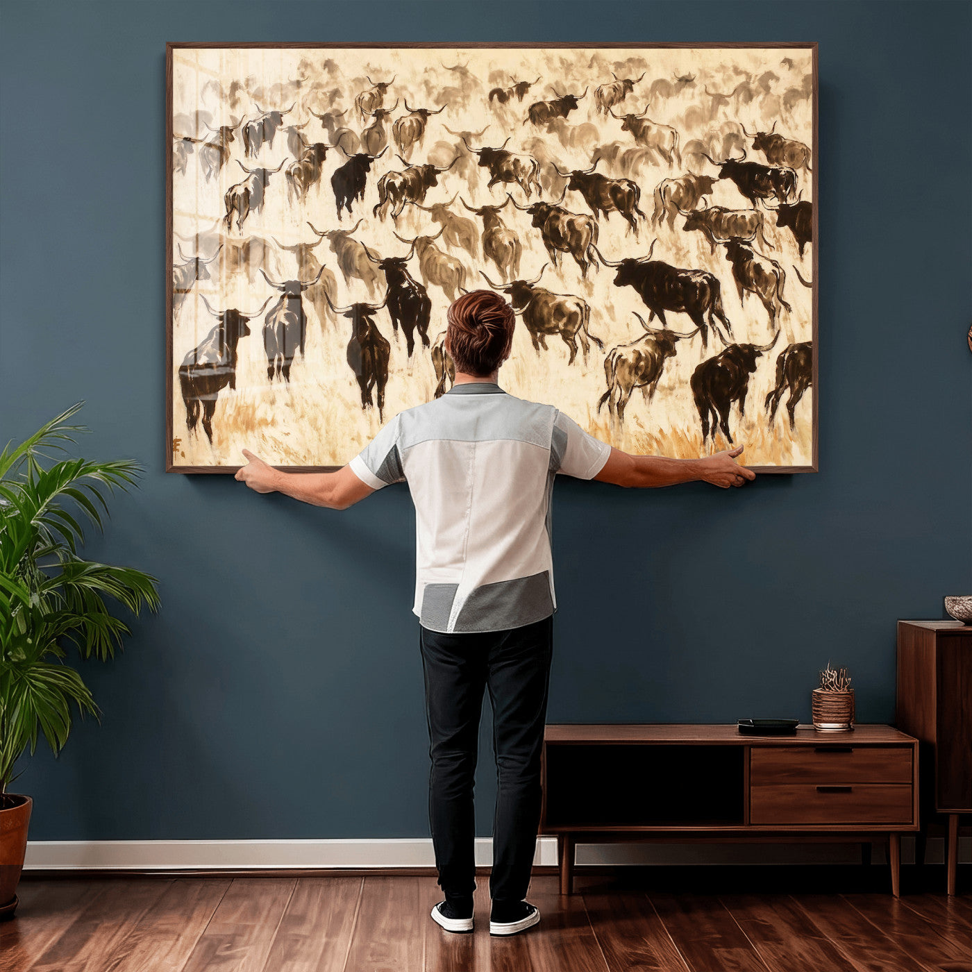 39077774-MGV-CV-36X24 - Texas Longhorn Sepia Canvas Wall Art, Western Cattle Stampede Painting Print, Warm Amber Ranch Decor, Rustic Cowboy Home Art, Large Living Room Decor