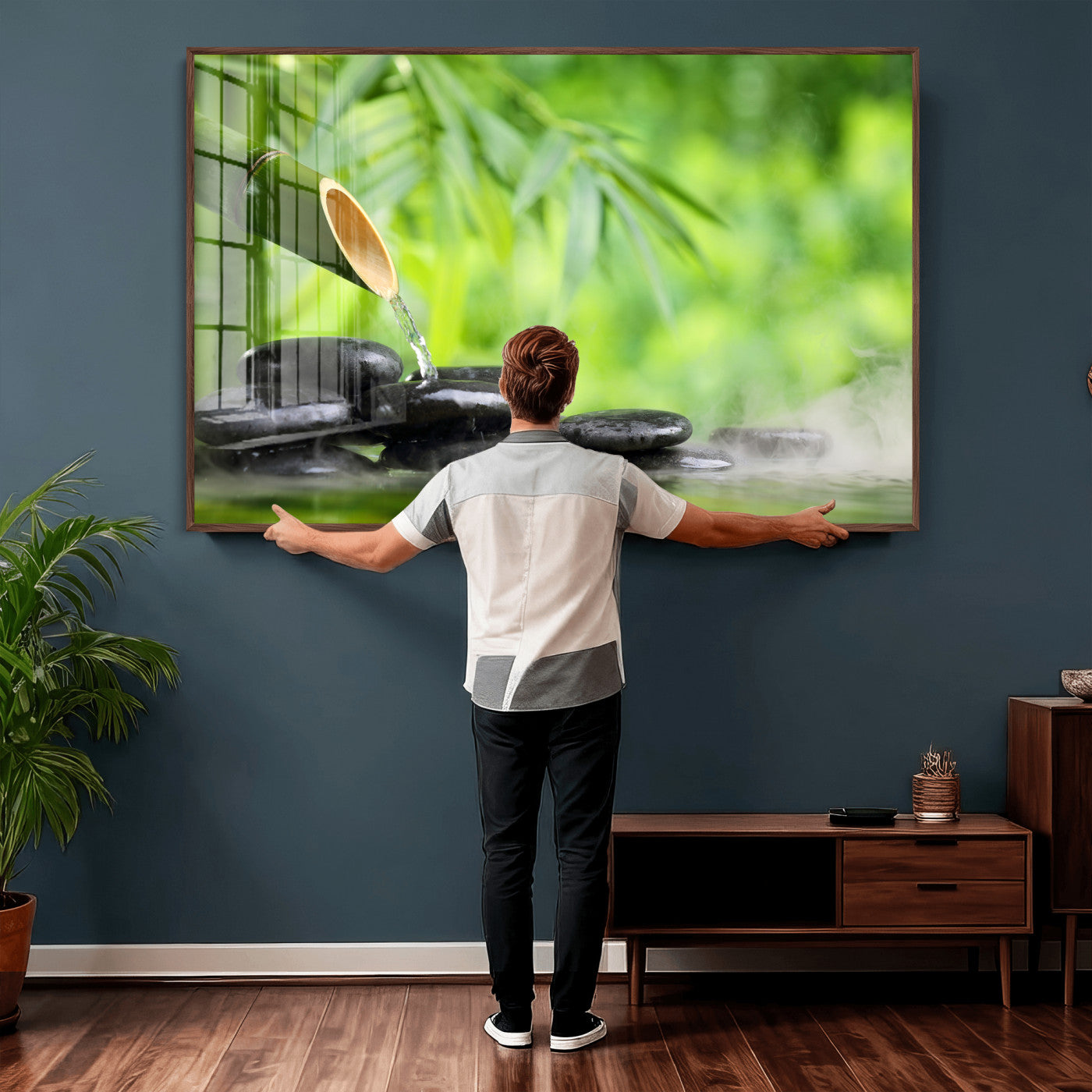 26961320-MGV-CV-36X24 - Bamboo Water Flow Black Stone Canvas | Zen Spa Nature Photography Print | Green Mist Japanese Garden Wall Art | Tranquil Decor