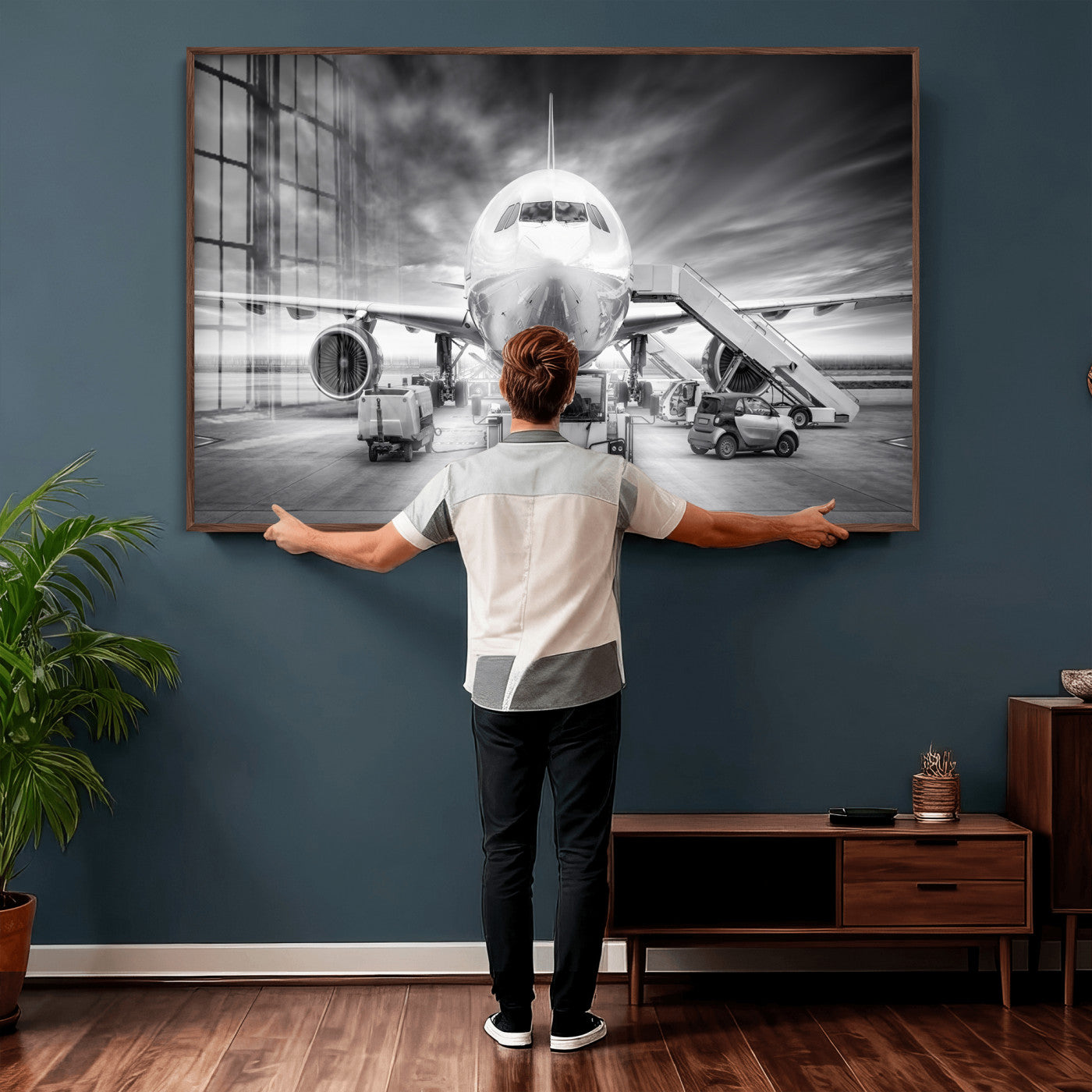 85885848-MGV-CV-36X24 - Airplane Wall Art Canvas Print, Black and White Jet Aircraft Airport Runway Framed Aviation Artwork for Pilot Office Hangar Travel Decor