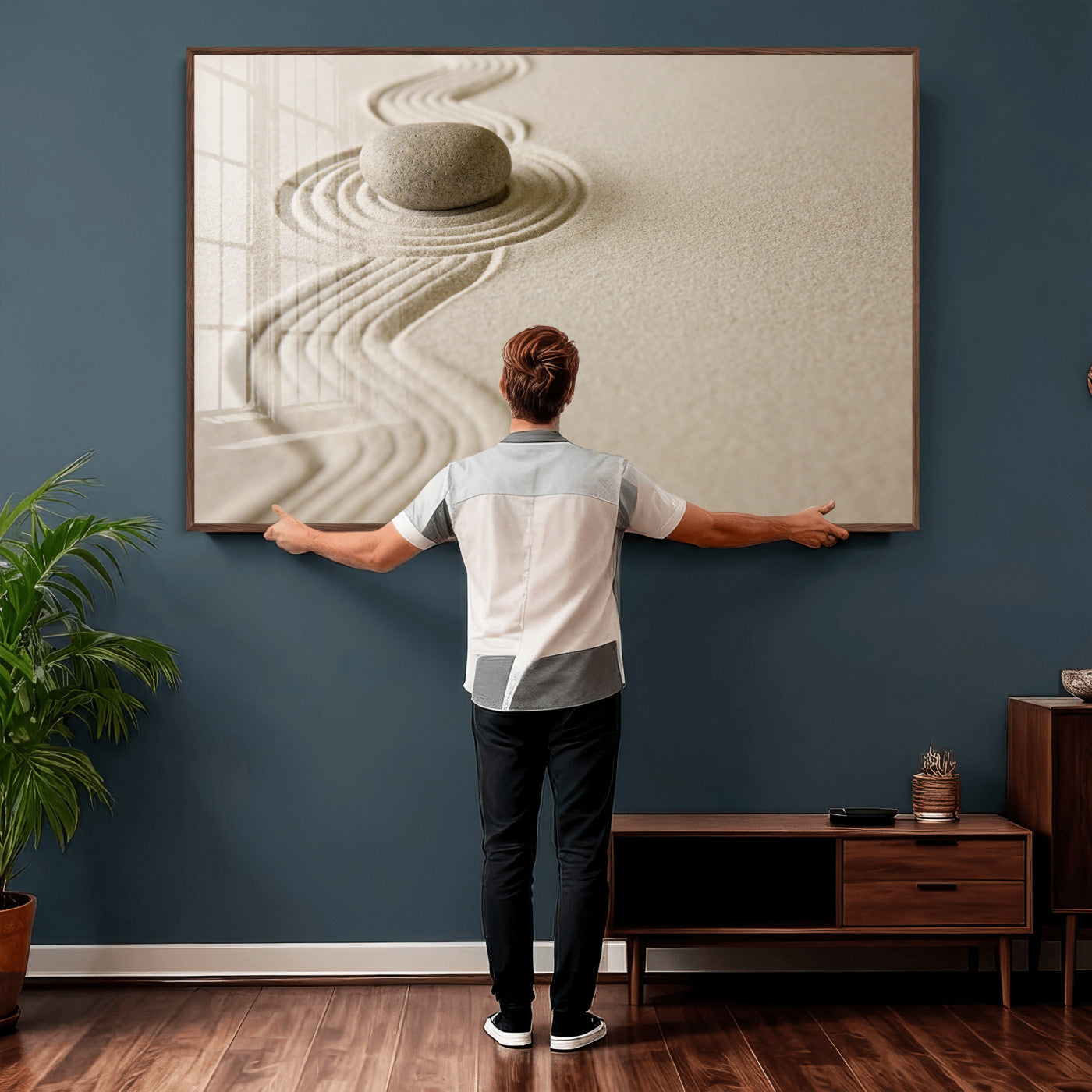 66852661-MGV-CV-36X24 - Zen Garden Stone Sand Canvas | Japanese Rock Garden Wall Art | Minimalist Meditation Print | Neutral Beige Mindfulness Decor