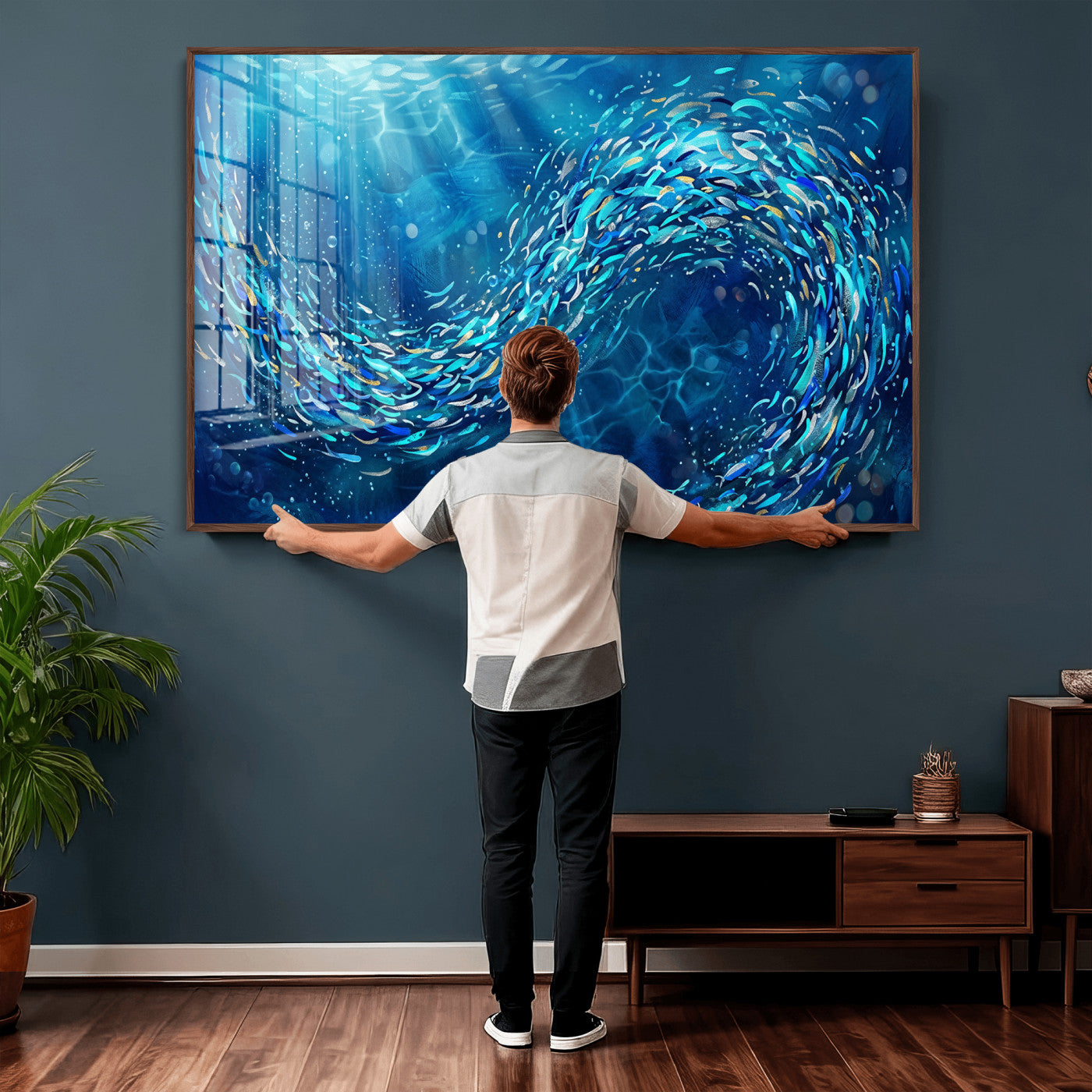 54535639-MGV-CV-36X24 - School of Fish Canvas Print | Blue Ocean Underwater Wall Art | Swirling Fish Shoal Illustration | Marine Navy Coastal Decor