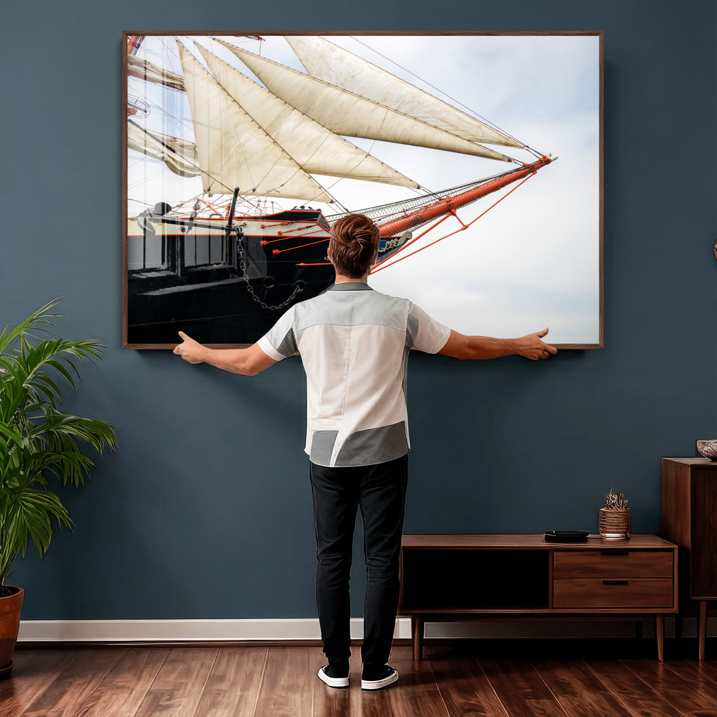 64830036-MGV-CV-36X24 - Sailboat Wall Art Canvas Print, Vintage Ship Bow Framed Artwork, Nautical Sailing Decor for Living Room Office Beach House