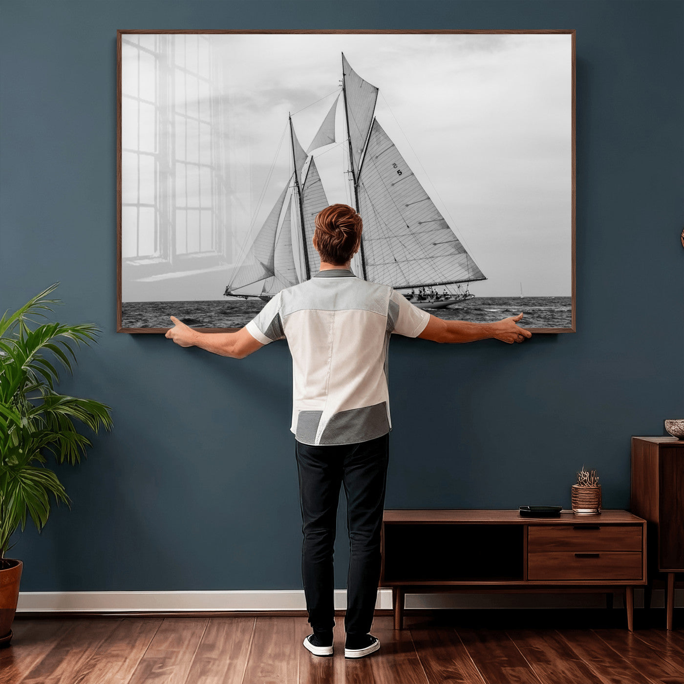 52882918-MGV-CV-36X24 - Vintage Sailboat Wall Art Canvas Print, Black and White Schooner Framed Artwork, Nautical Ocean Sailing Decor for Living Room Office Beach House