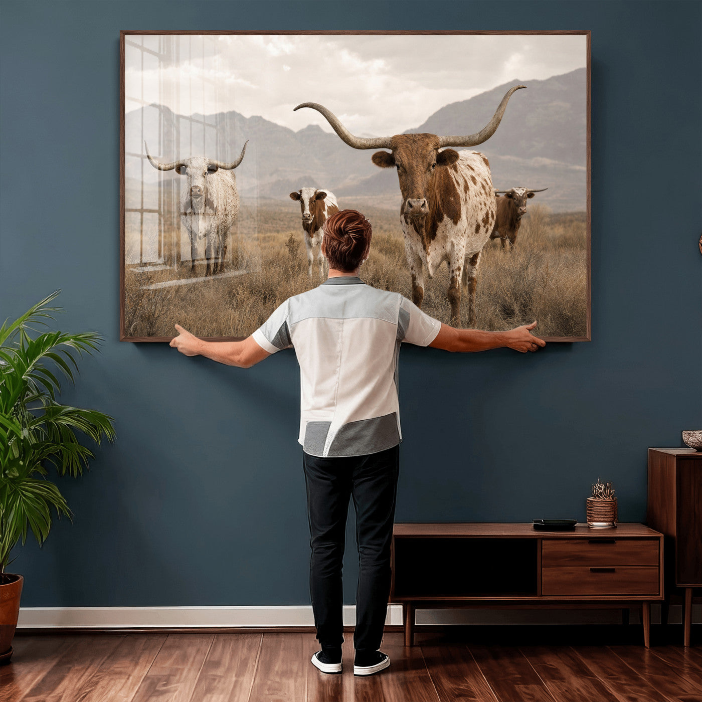 62336425AD-MGV-CV-36X24 - Rustic Texas Longhorn Cow Canvas Wall Art Print, Rustic Farm Animal Photography Print, Farmhouse Country Decor, Western Ranch Art