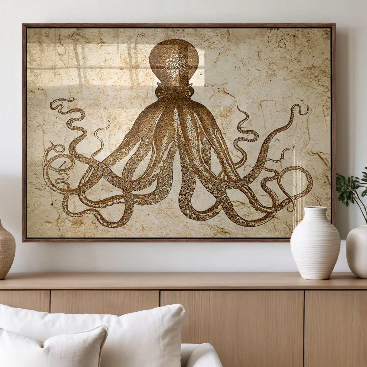 MGV-FP-60X30-3P - Sepia Octopus Wall Art Abstract Animal Canvas Print