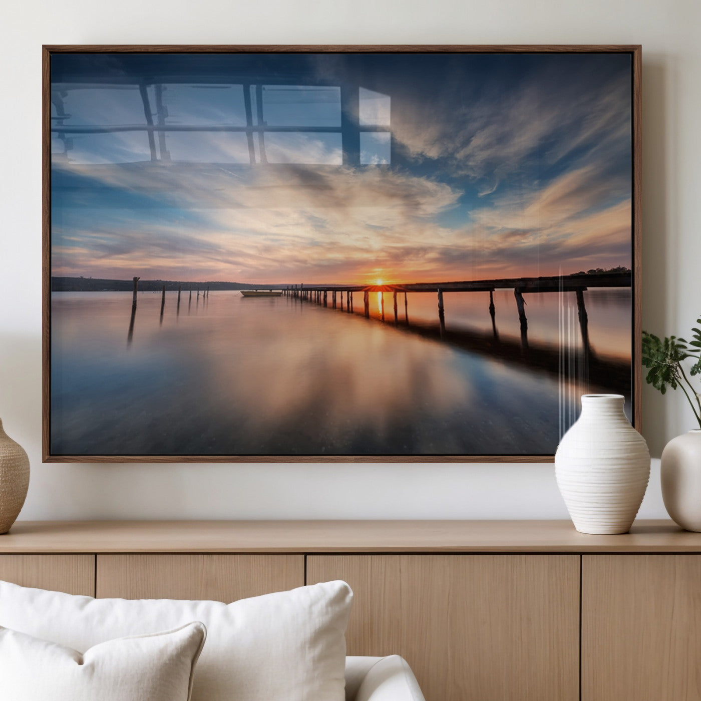MGV-FP-60X30-3P - Wooden Pier on Seascape and Sunset Wall Art Canvas Print