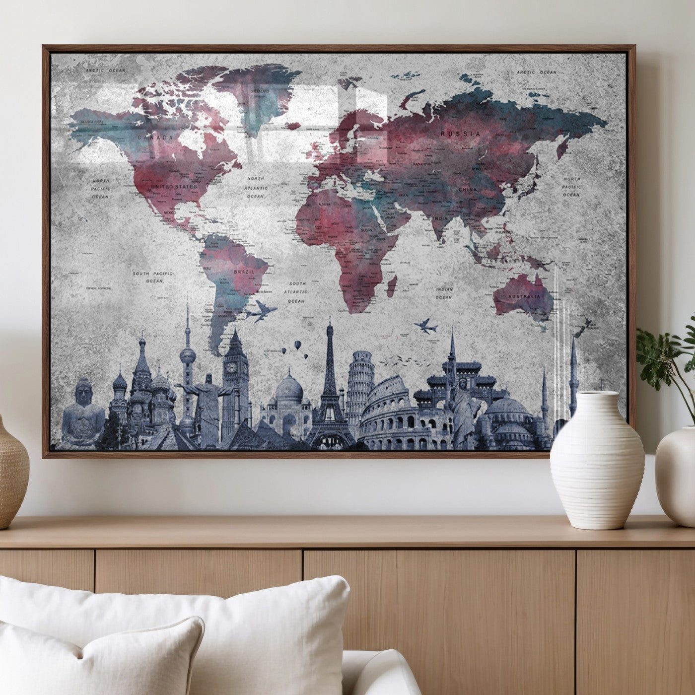 MGV-FP-36X24-3P - Push Pin World Map Canvas Print – Framed Wall Art for Couples to Track Their Travels – Anniversary