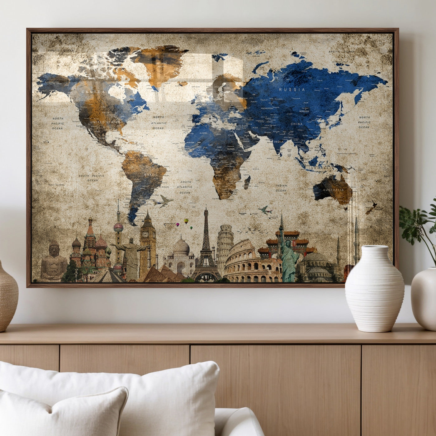 MGV-FP-60X30-3P - Push Pin World Map Canvas Print – Framed Wall Art for Couples to Track Their Travels – Anniversary