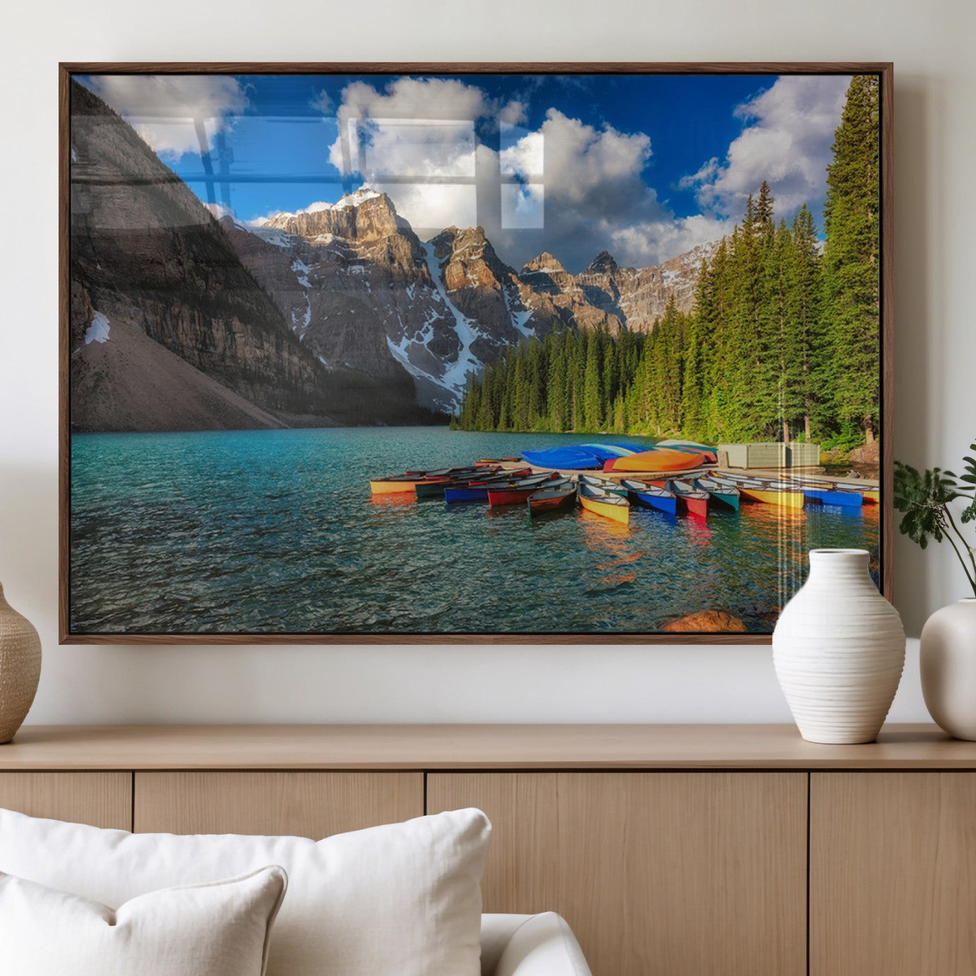 MGV-FP-60X30-3P - Moraine Lake 3-Panel Wall Art, Majestic Mountain and Lake Landscape Canvas Print Canoes on Moraine