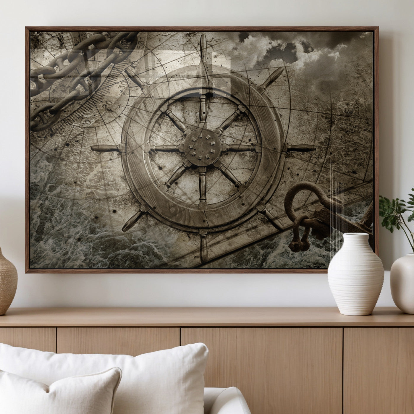 MGV-FP-60X30-3P - Wooden Ship Wheel Canvas Print, Multi Panel Canvas Wall Art Print