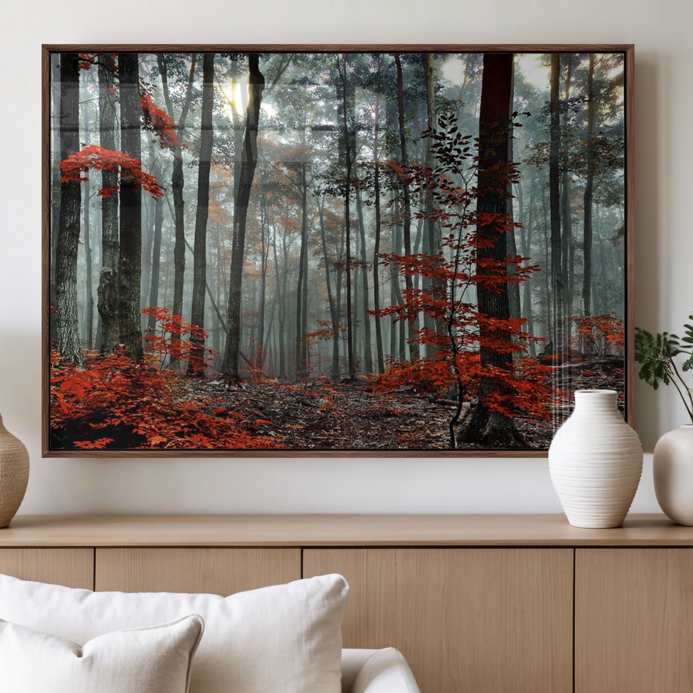 MGV-FP-60X30-3P - Autumn Forest Canvas Wall Art – Enchanting Red Leaves Triptych Print – Nature-Inspired Decor for