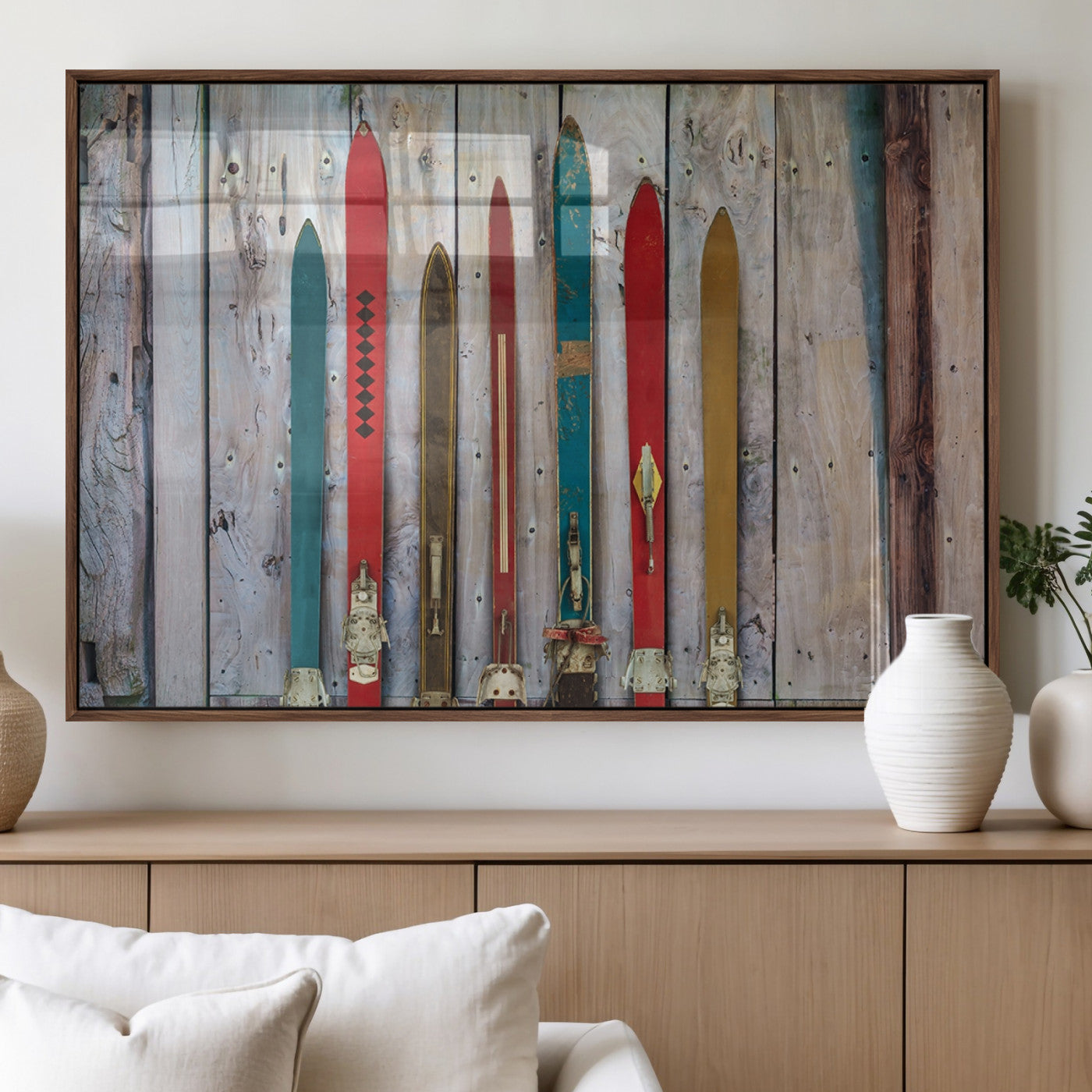 MGV-FP-60X30-3P - Vintage Wooden Weathered Ski's in Front of an Old Barn Wall Art Canvas Print for Farmhouse, Cabin