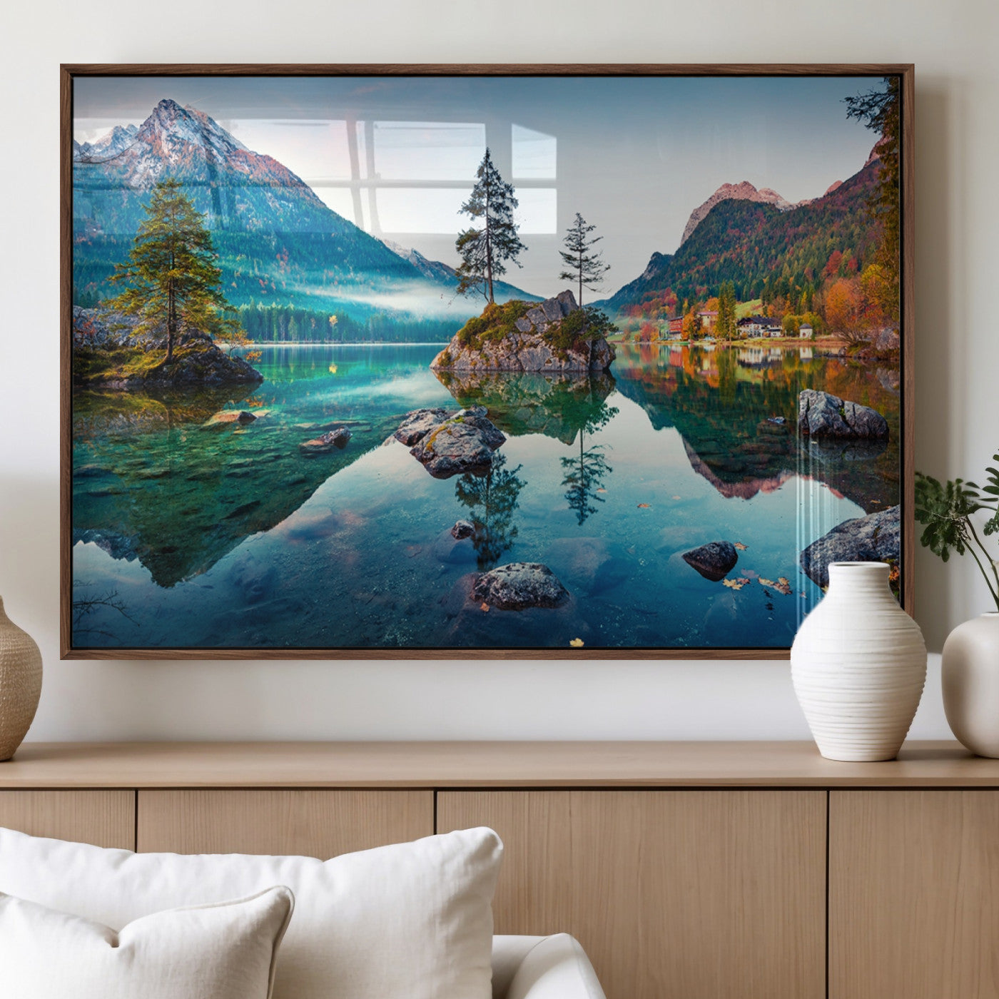 55009-MGV-FP-60X30-3P_Walnut-Crystal Clear Lake Wall Art | Mountains Wall Art Canvas | 3 Panel Large Landscape Print for Dining