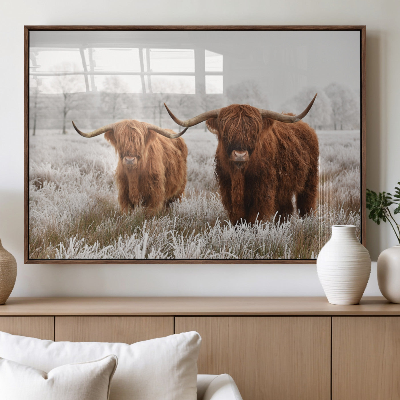 MGV-FP-60X30-3P - Longhorn Cattle Wall Art Canvas Print, Framed Farmhouse Style Art Picture Print, Rustic Cow Perfect Rustic Farmhouse Decor Artwork